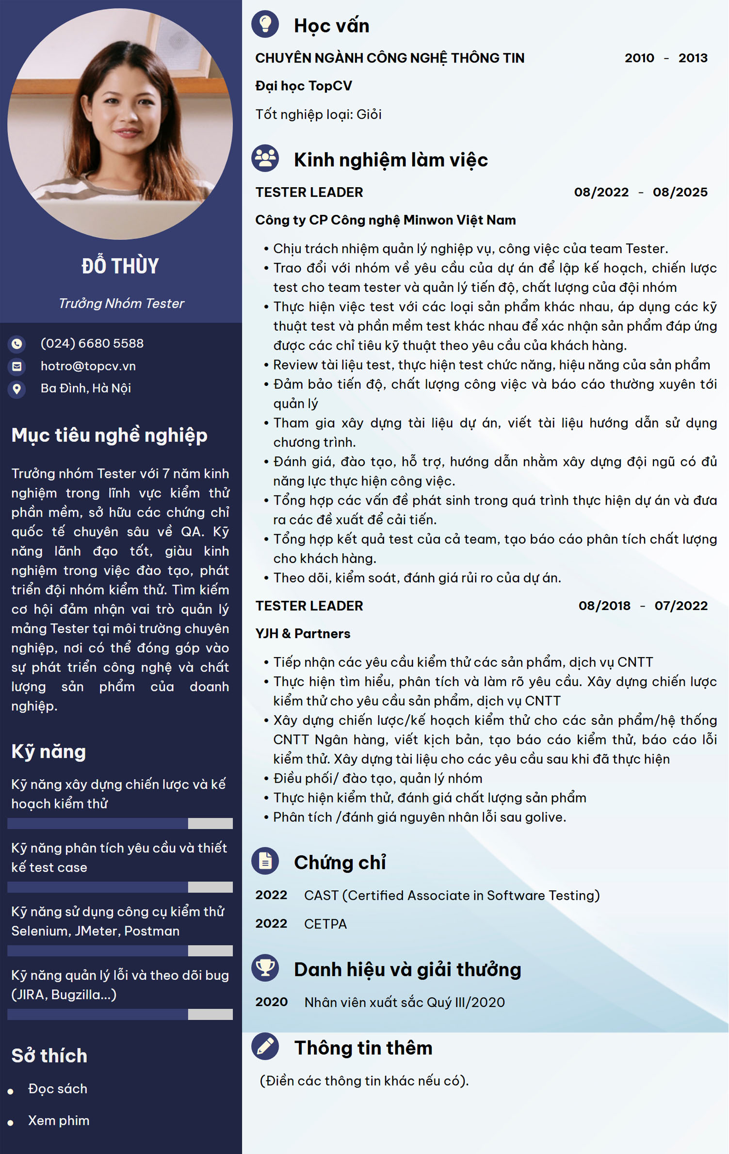 Tham khảo mẫu CV Trưởng nhóm Tester