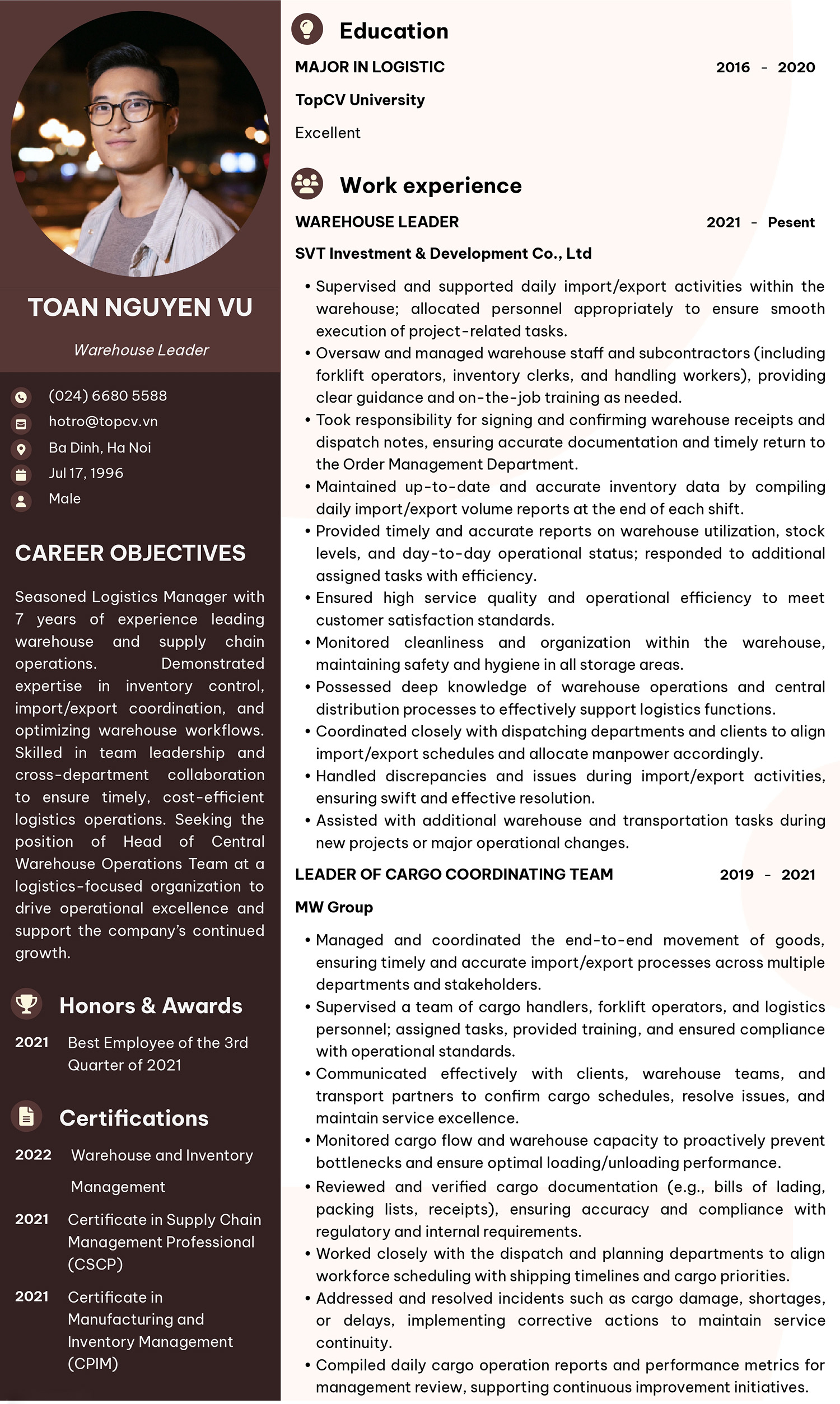 CV Trưởng nhóm vận hành kho tiếng Anh