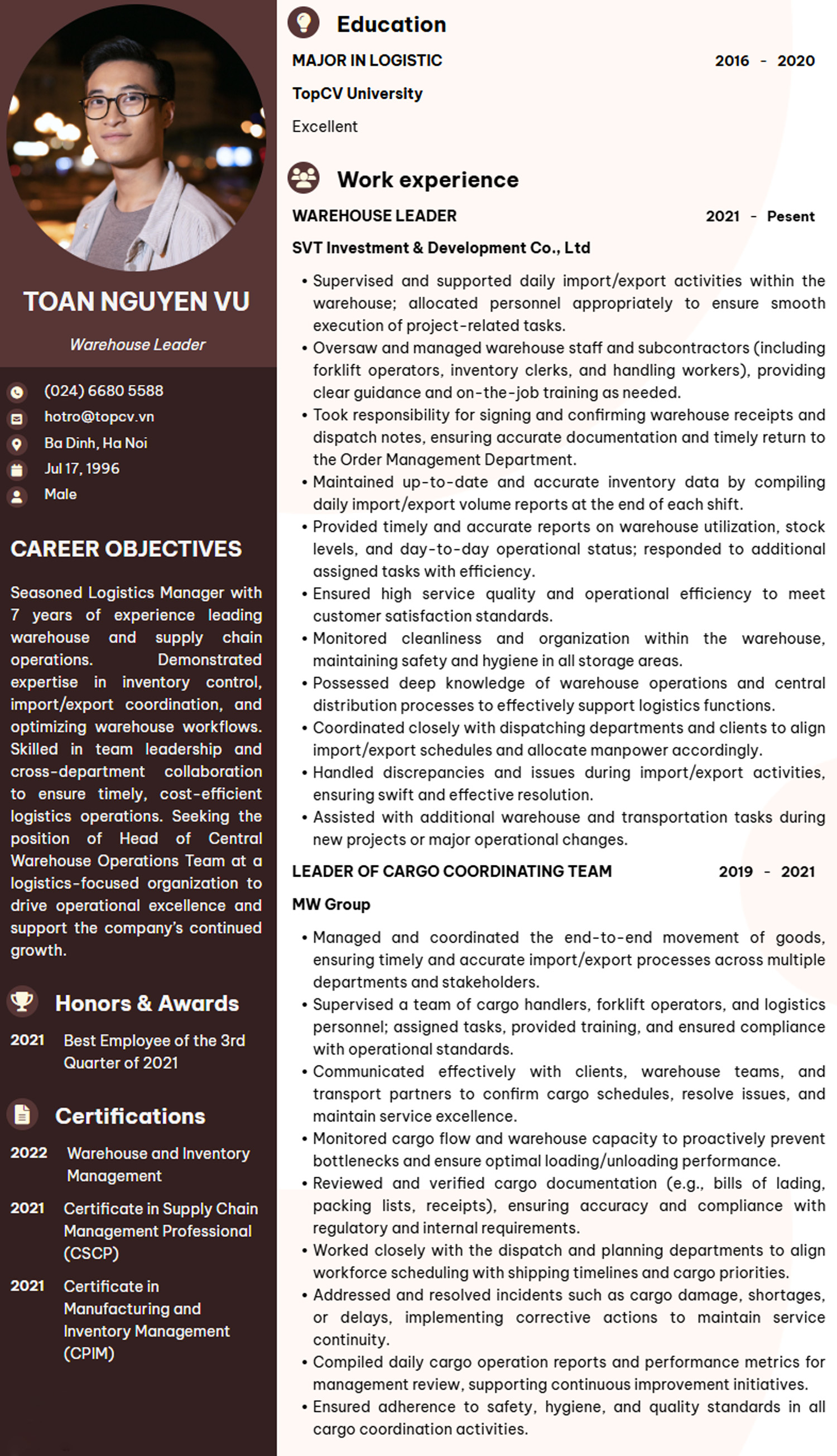 CV Trưởng nhóm vận hành kho tiếng Anh