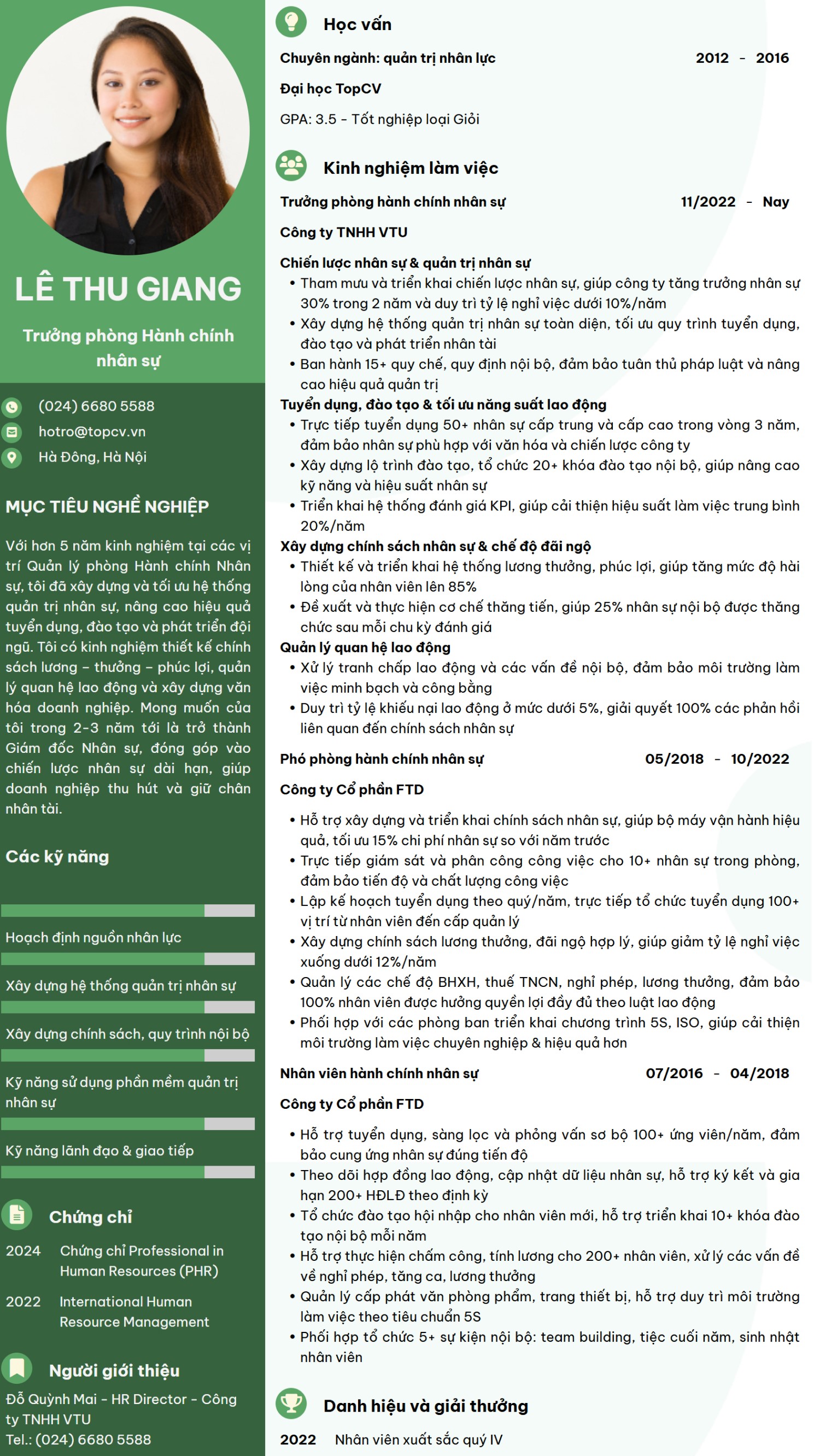 Mẫu CV Trưởng phòng hành chính nhân sự hiện đại
