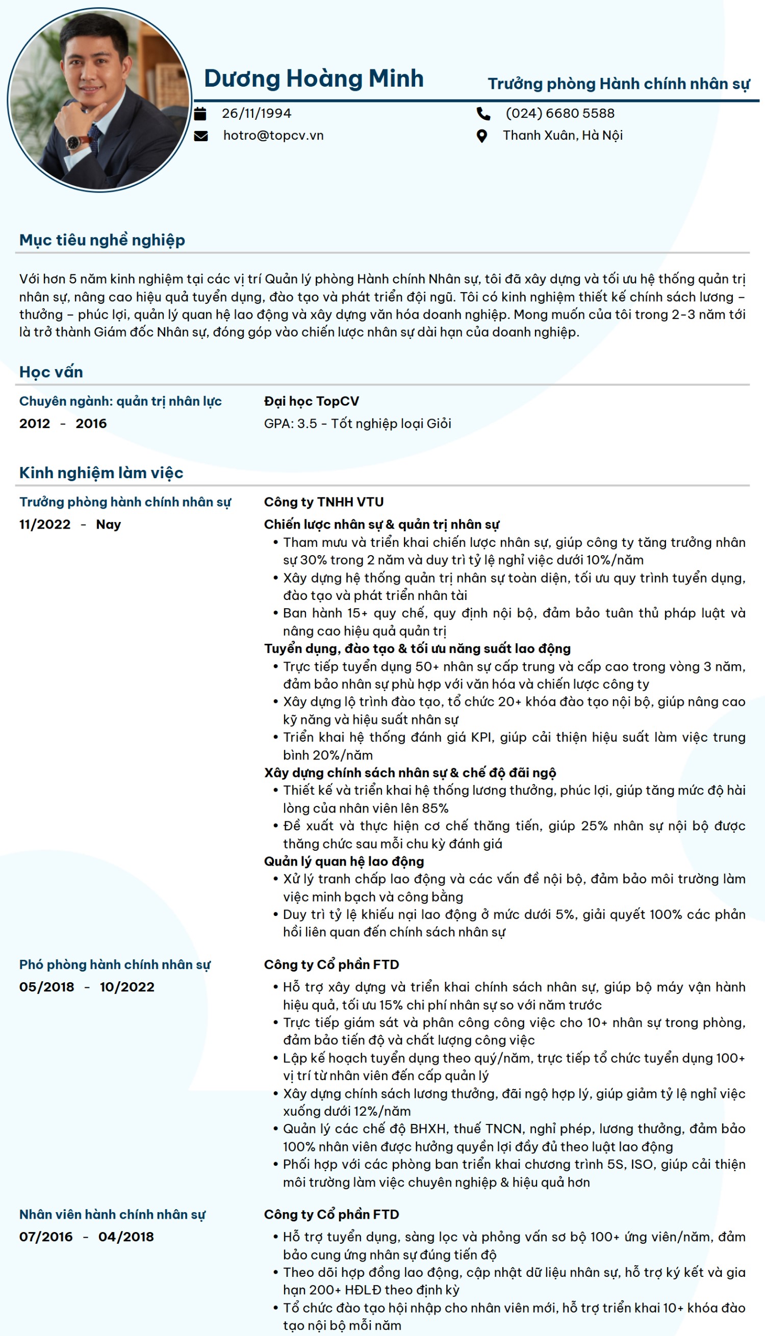 Mẫu CV Trưởng phòng hành chính nhân sự đơn giản