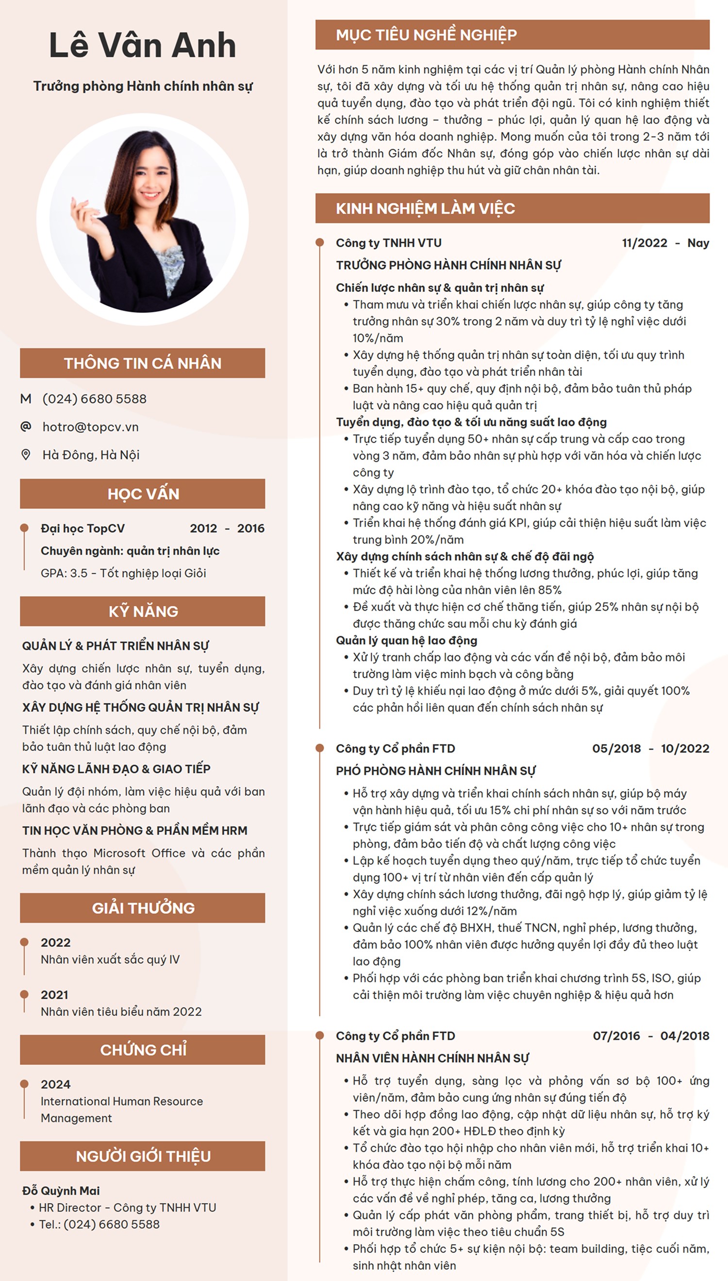 Mẫu CV Trưởng phòng hành chính nhân sự ấn tượng