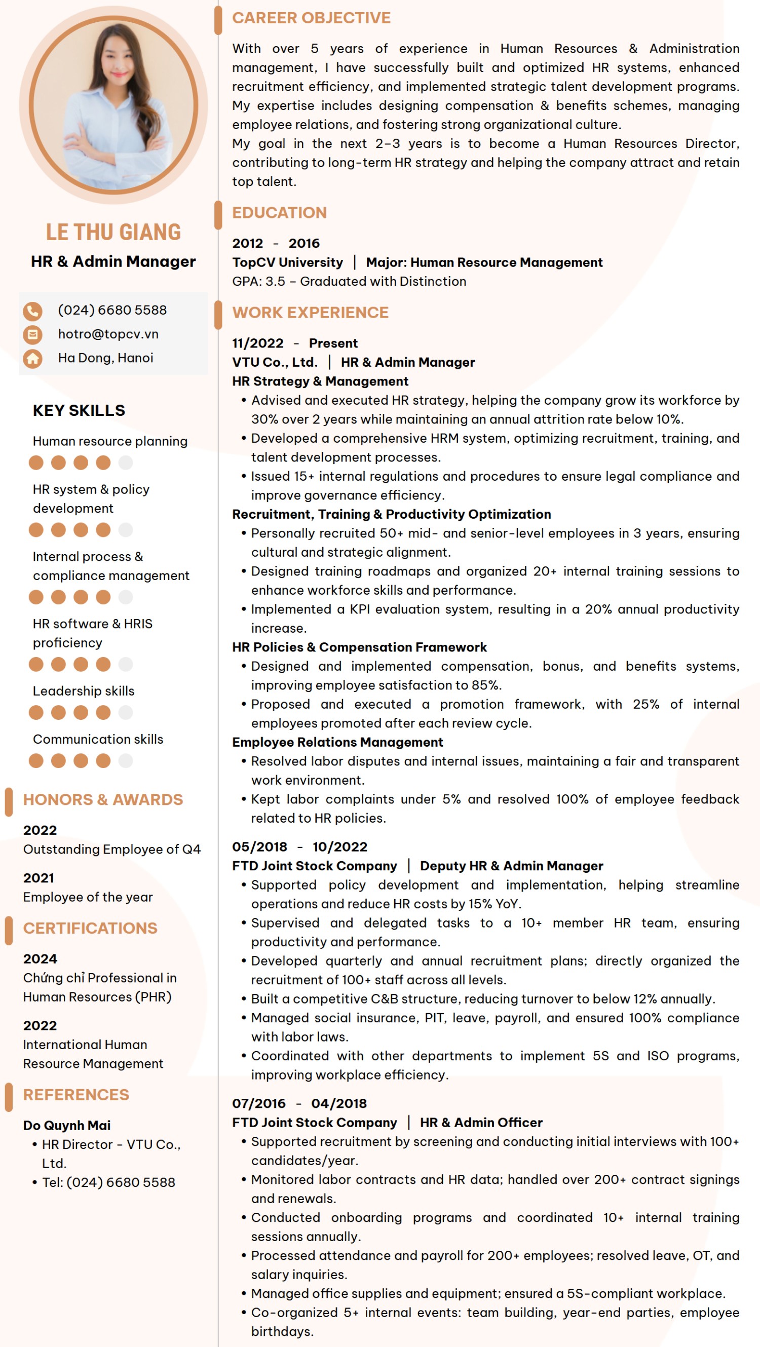 Mẫu CV Trưởng phòng hành chính nhân sự tiếng Anh