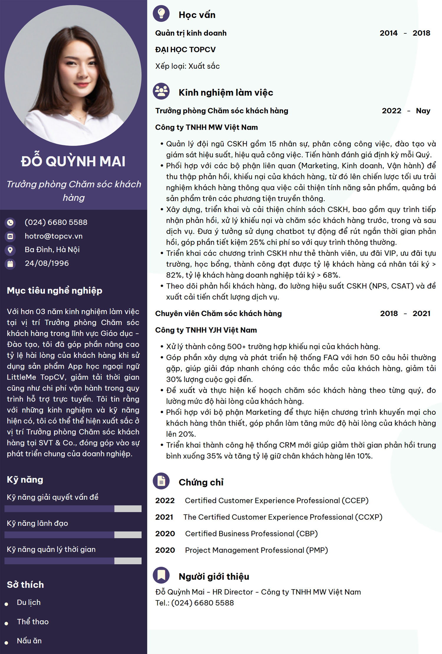 Mẫu CV Trưởng phòng Chăm sóc khách hàng