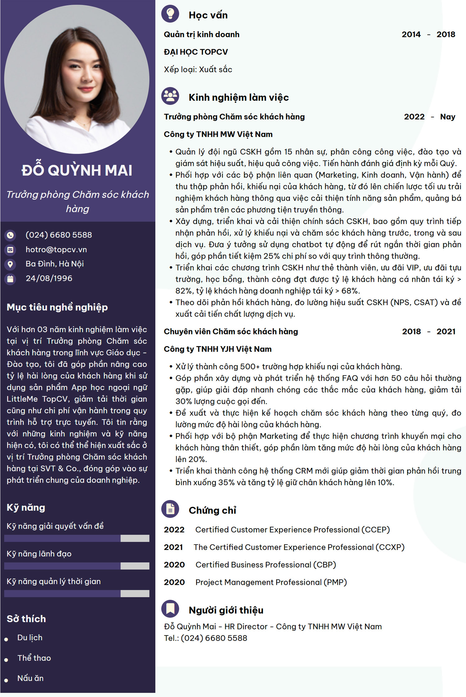Mẫu CV Trưởng phòng chăm sóc khách hàng