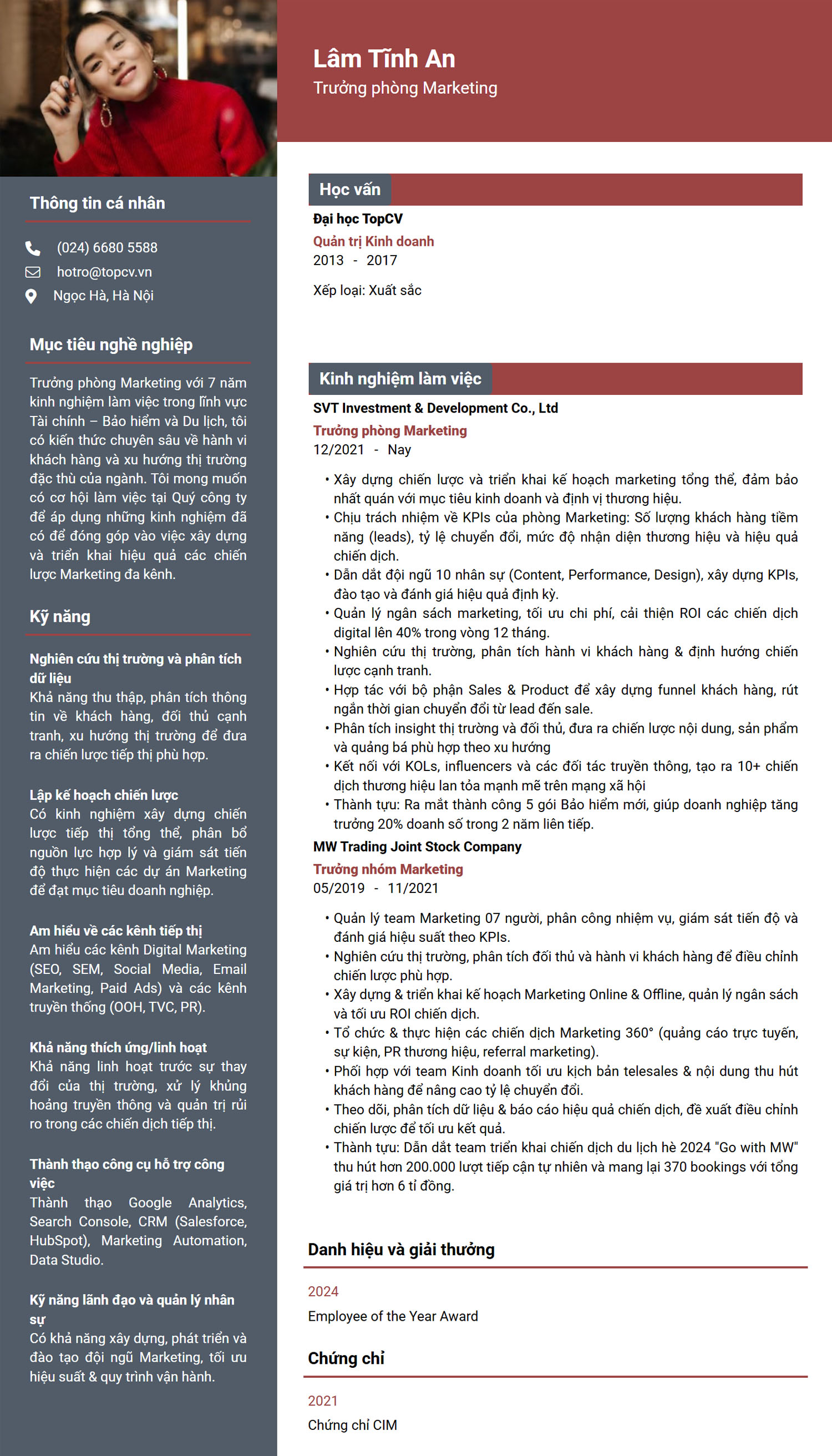 Mẫu CV Trưởng phòng Marketing
