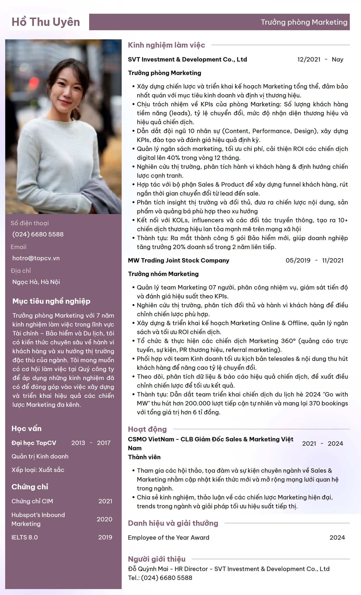 Mẫu CV Trưởng phòng Marketing/Marketing Manager ấn tượng