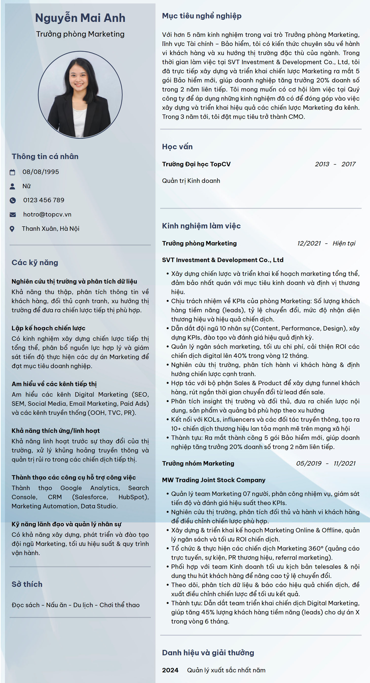 Mẫu CV Trưởng phòng Marketing chuẩn, chuyên nghiệp