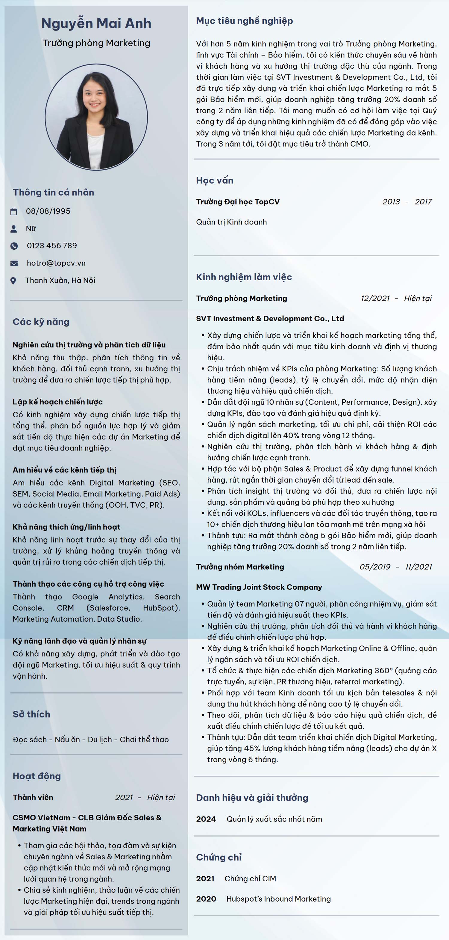 Mẫu CV Trưởng phòng Marketing Tiếng Việt chuẩn, chuyên nghiệp