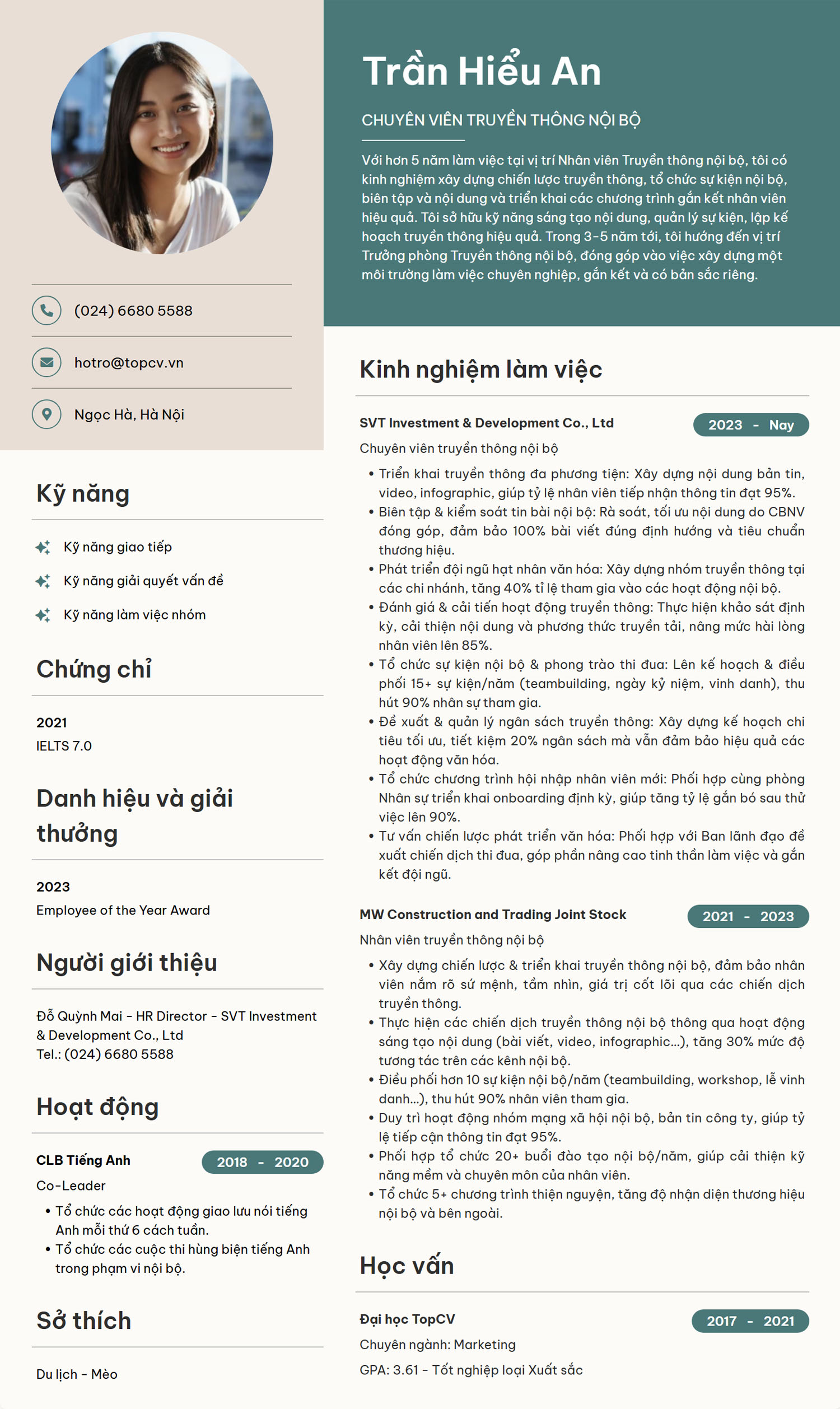Mẫu CV Truyền thông nội bộ