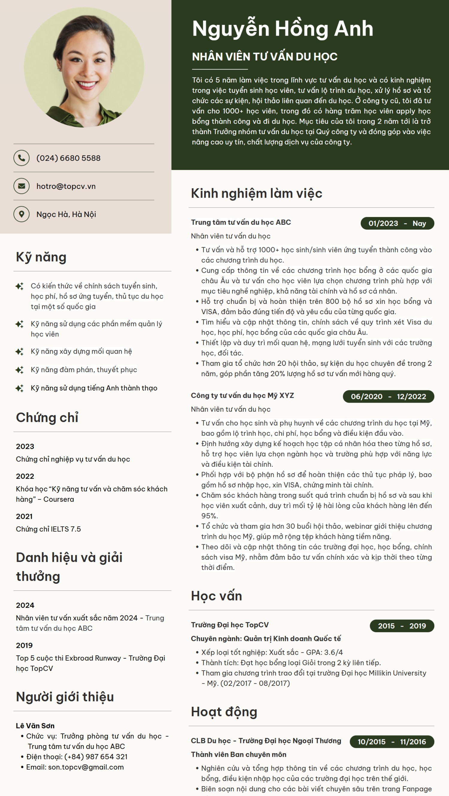 Mẫu CV Nhân viên tư vấn du học ấn tượng