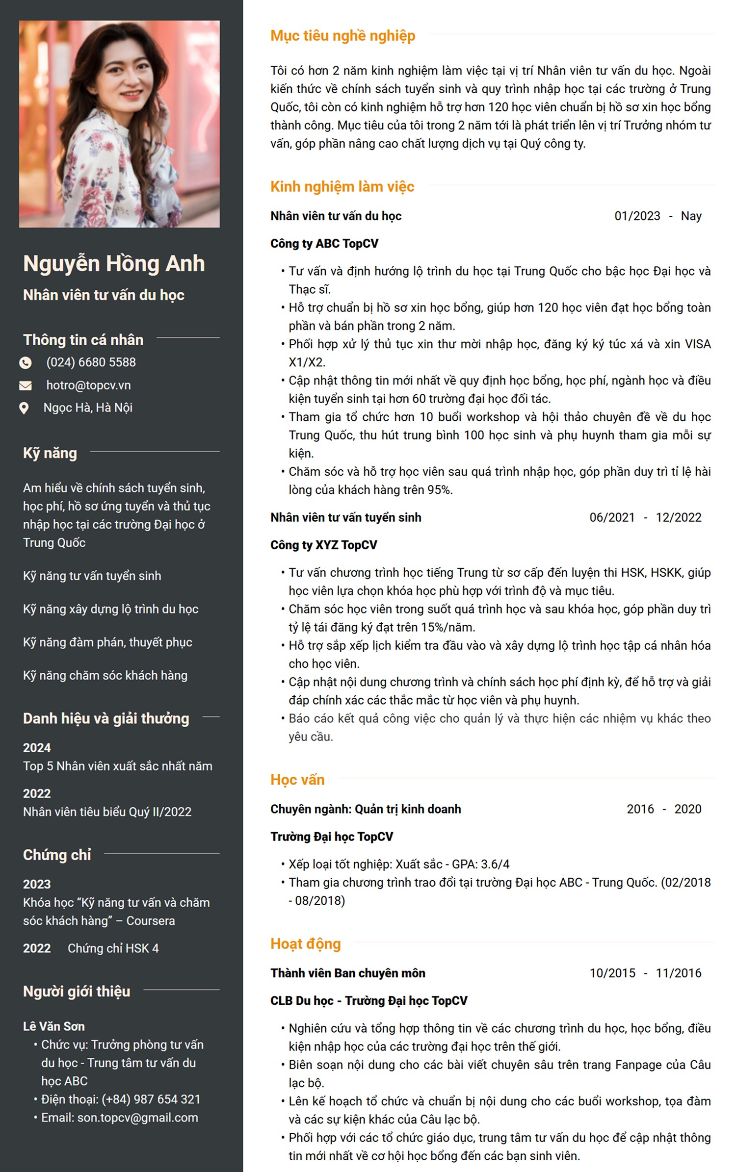 Mẫu CV nhân viên tư vấn chuyên nghiệp