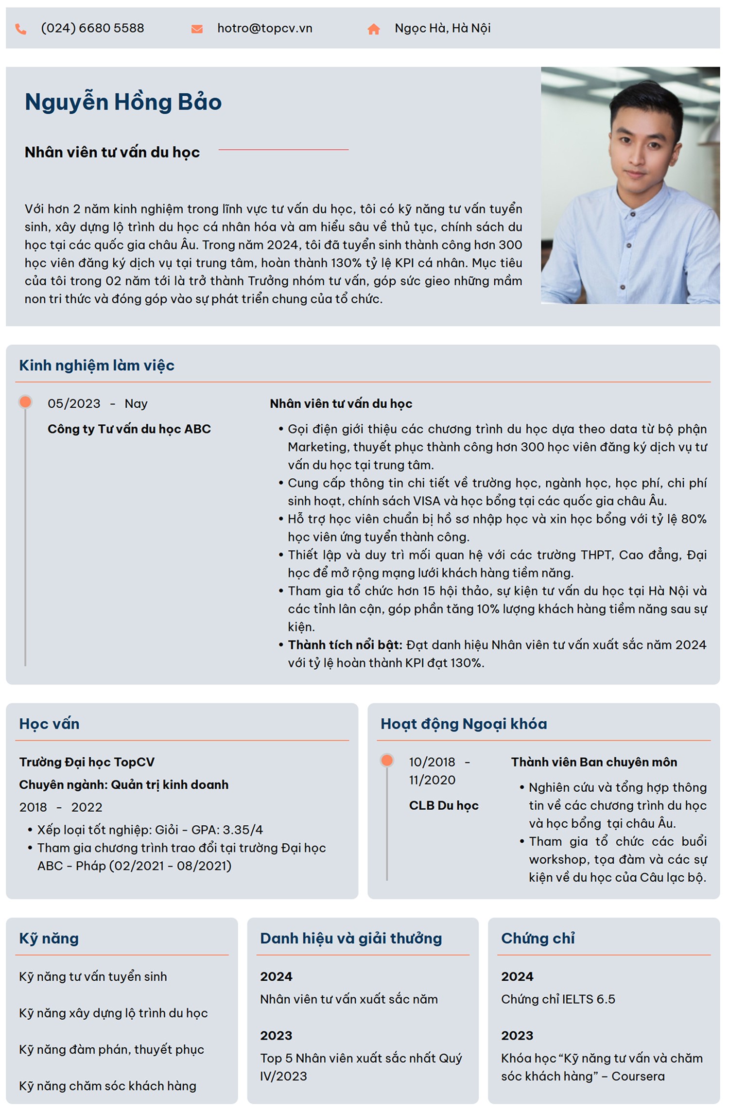 Mẫu CV Nhân viên tư vấn du học đơn giản