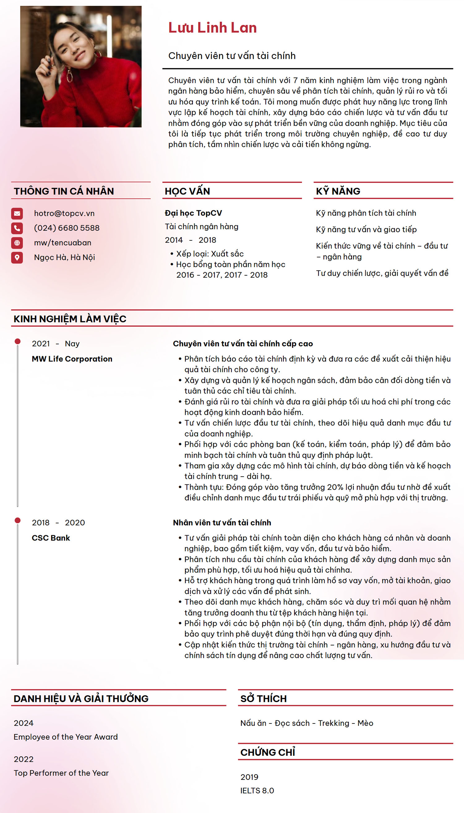 Mẫu CV Tư vấn tài chính