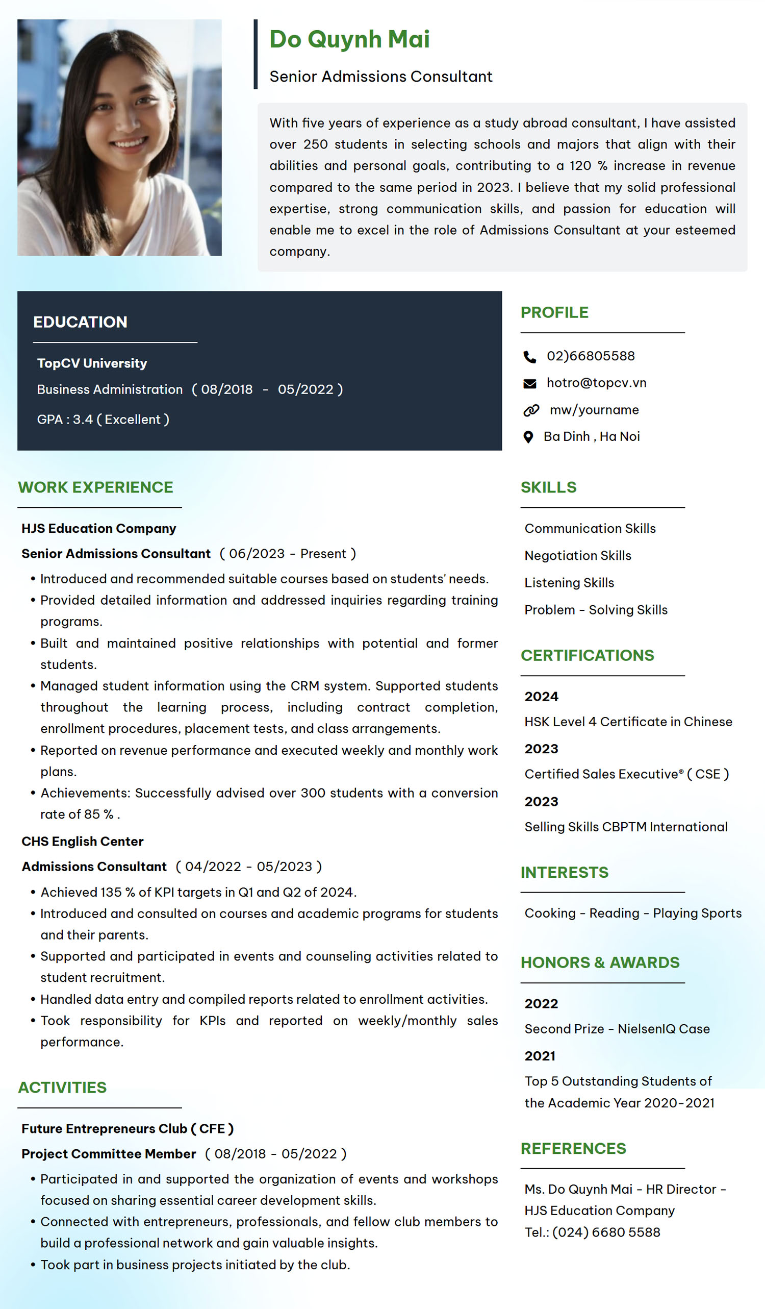 Mẫu CV tư vấn tuyển sinh/khóa học tiếng Anh