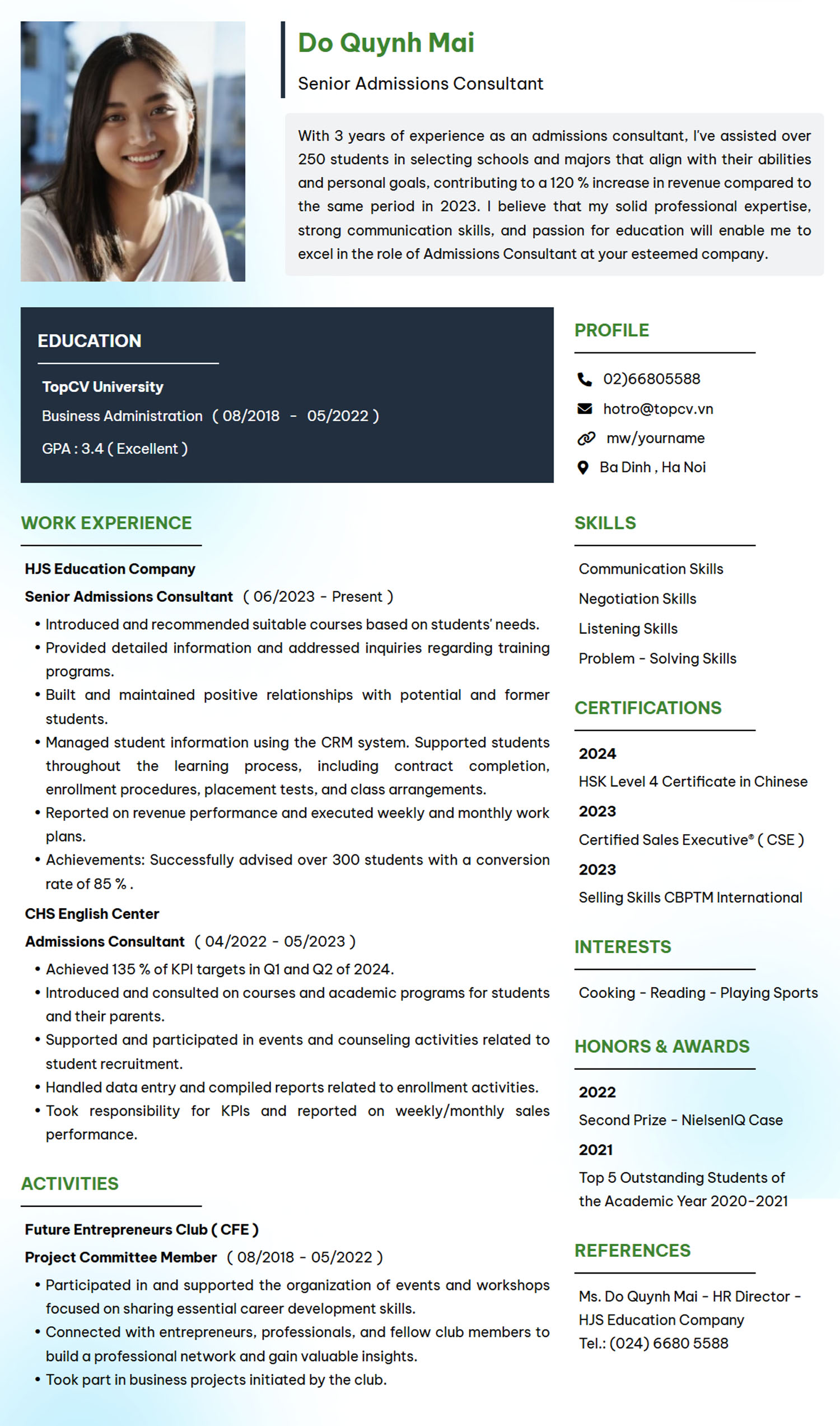 Tham khảo mẫu CV Tư vấn tuyển sinh/khóa học tiếng Anh
