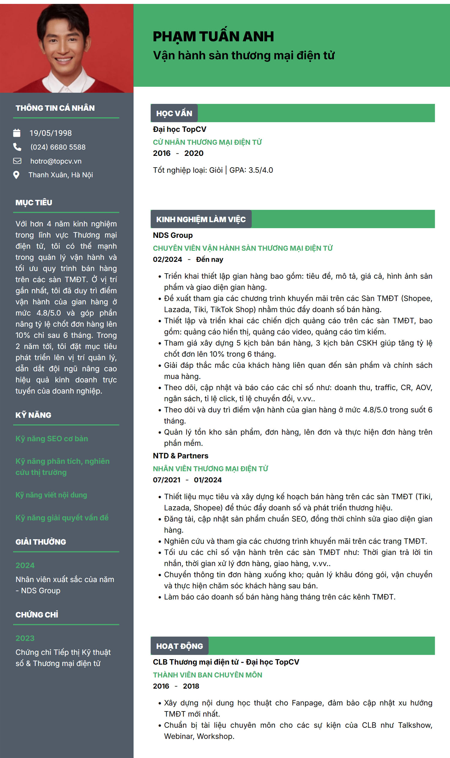 cv nhân viên vận hành sàn thương mại điện tử
