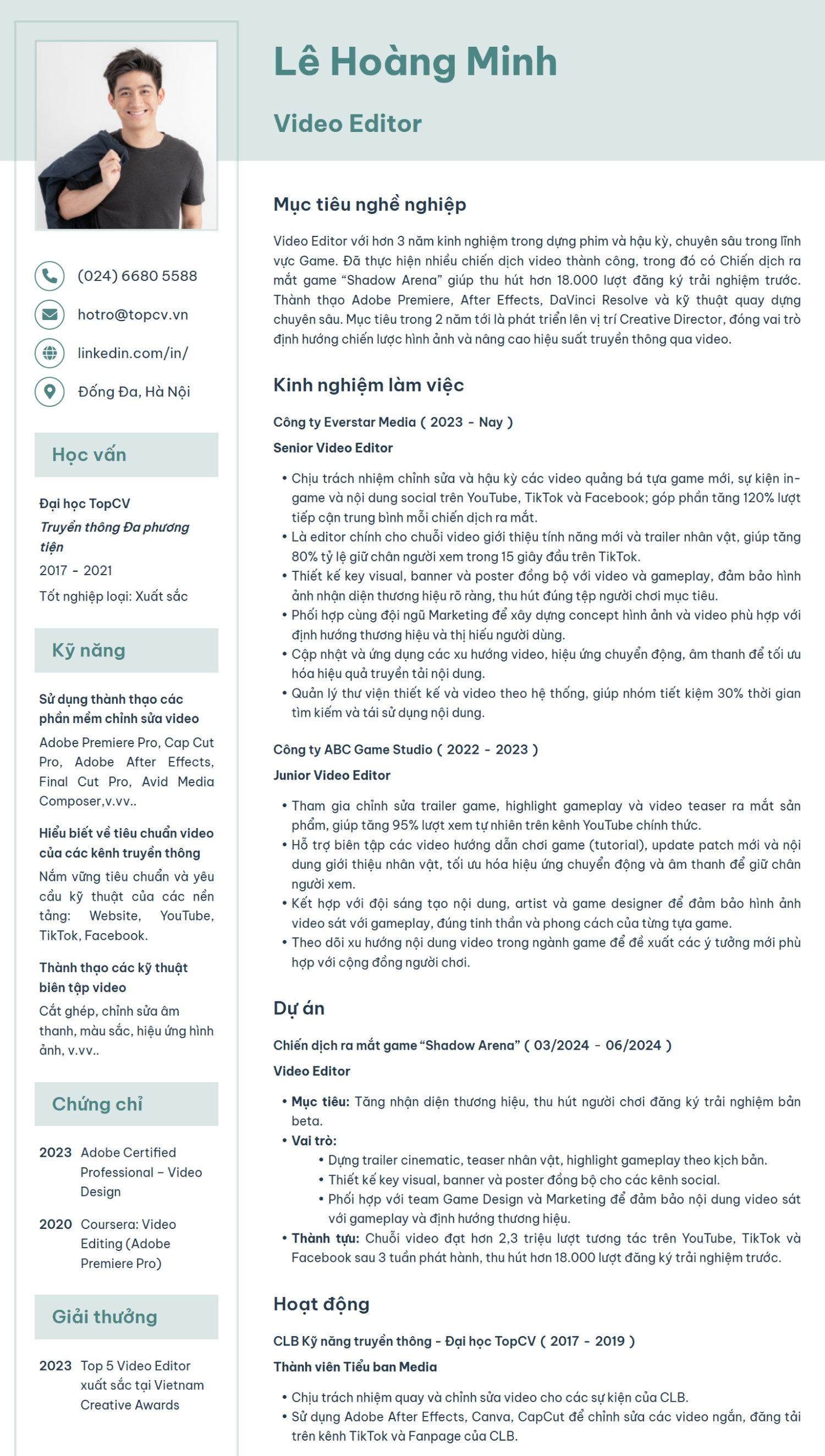 Mẫu CV Video Editor chuyên nghiệp