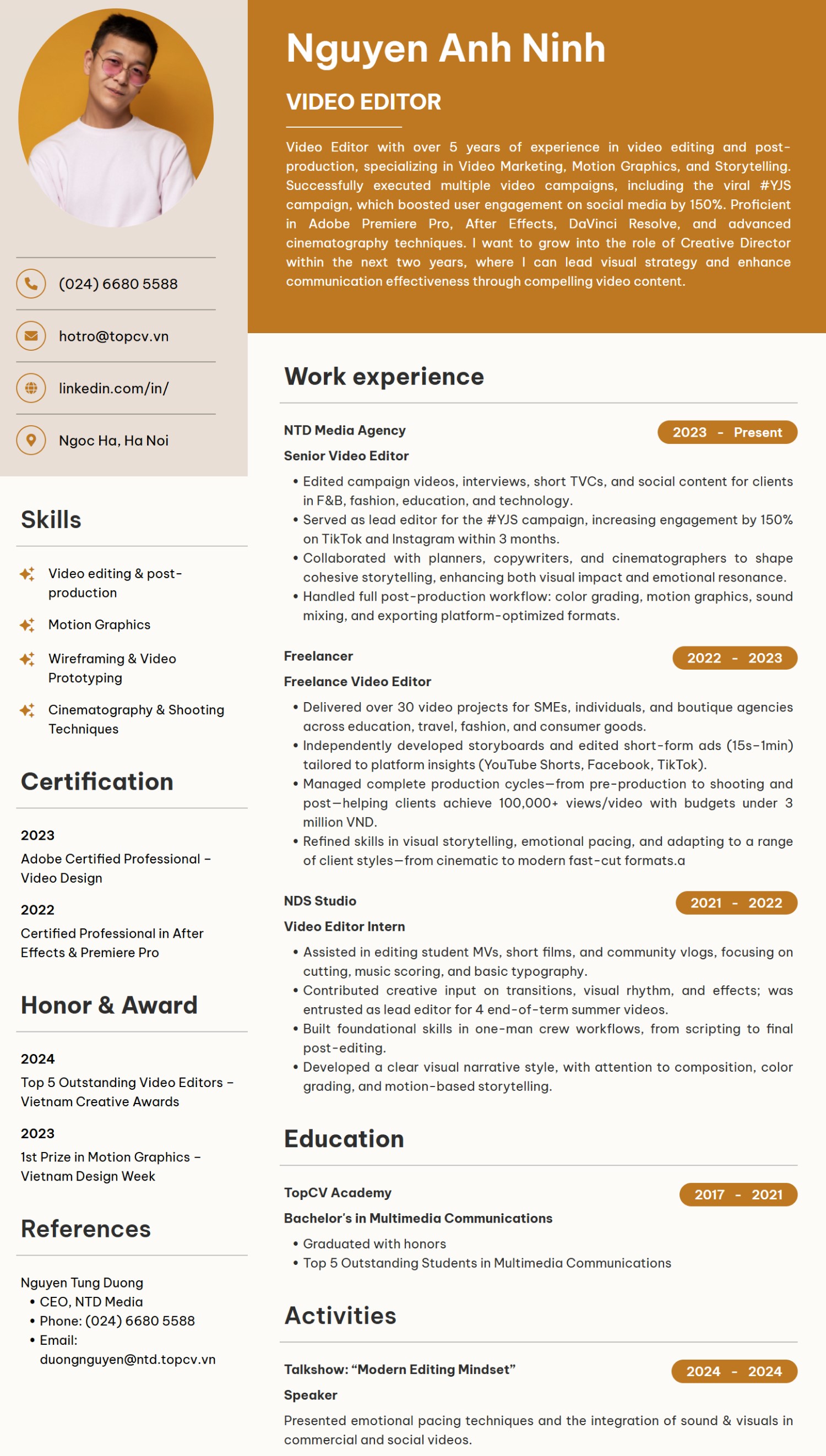 Mẫu CV Video Editor tiếng Anh trên TopCV