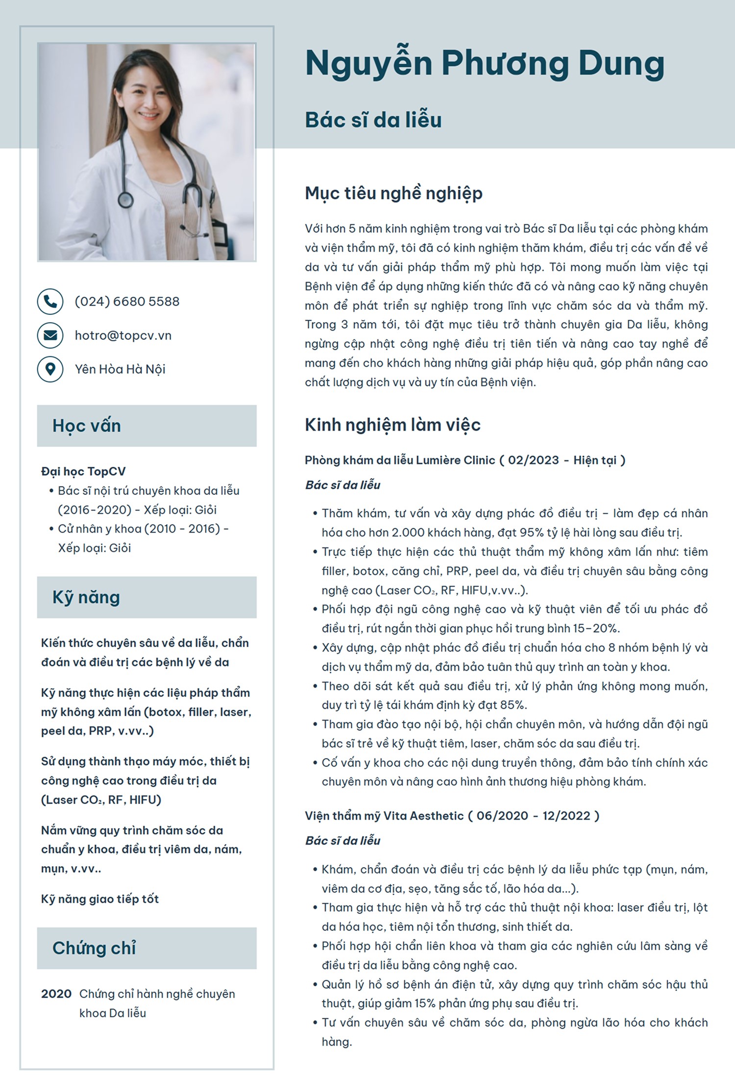 Mẫu CV Bác sĩ da liễu
