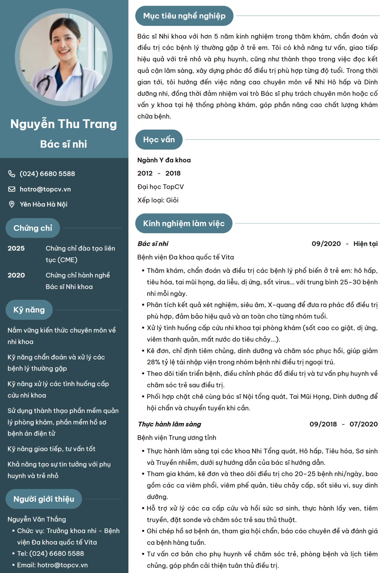 mẫu CV cho Bác sĩ nhi khoa