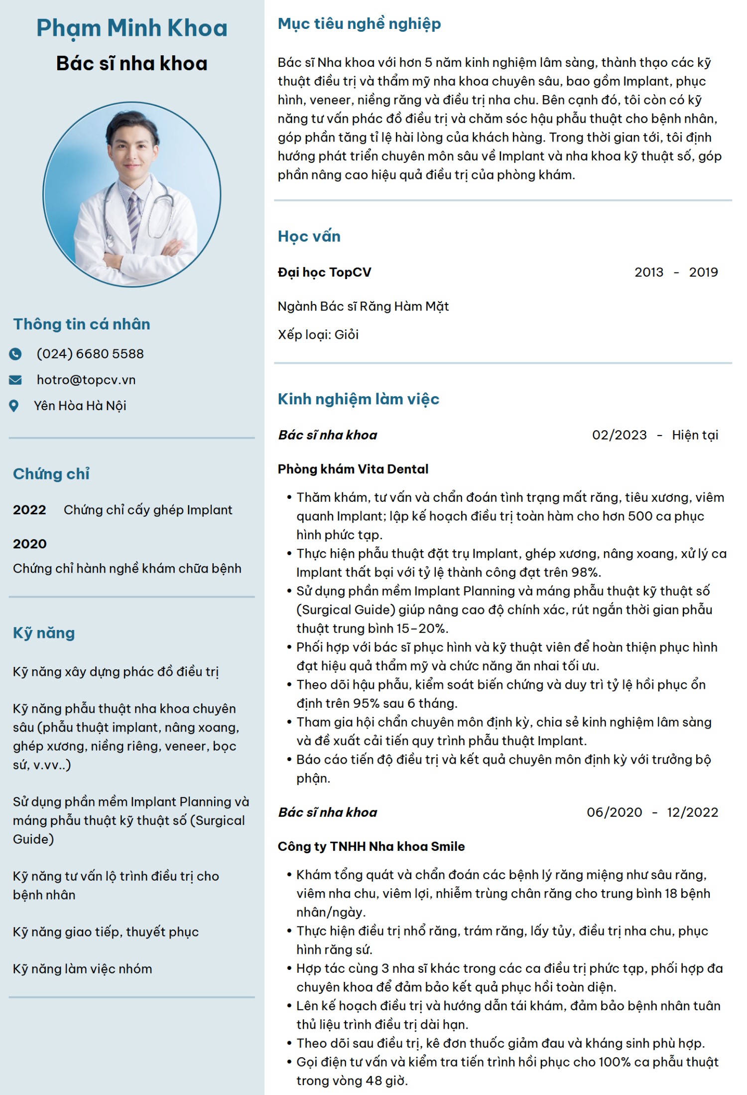 Mẫu CV Bác sĩ răng hàm mặt