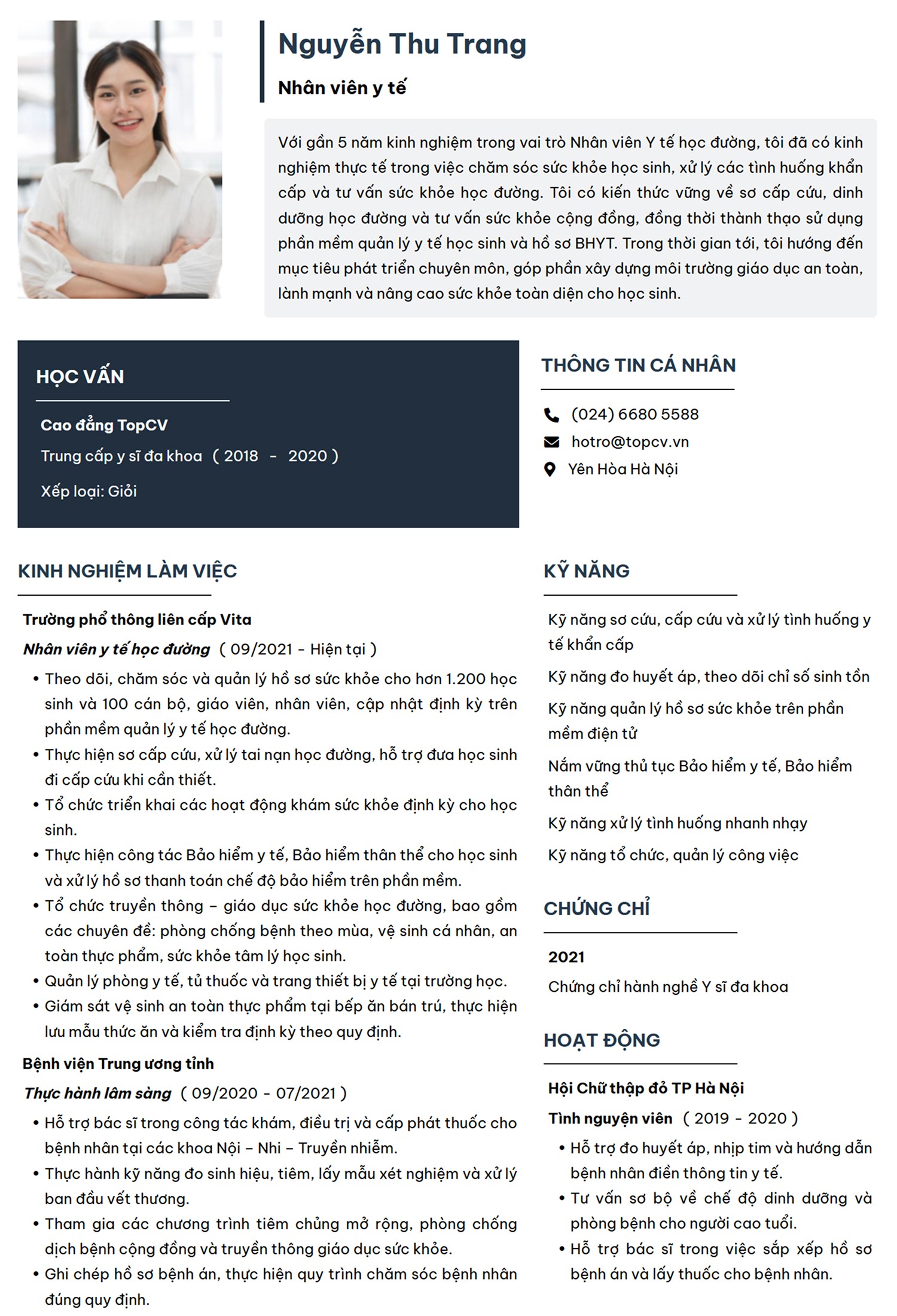 Mẫu CV Nhân viên y tế trường học