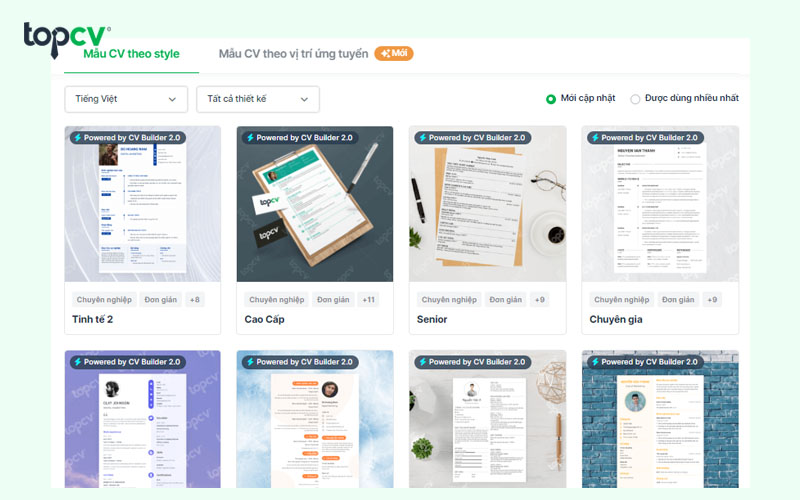 TopCV cung cấp cho bạn kho CV tạo sẵn theo phong cách, ngôn ngữ và vị trí công việc
