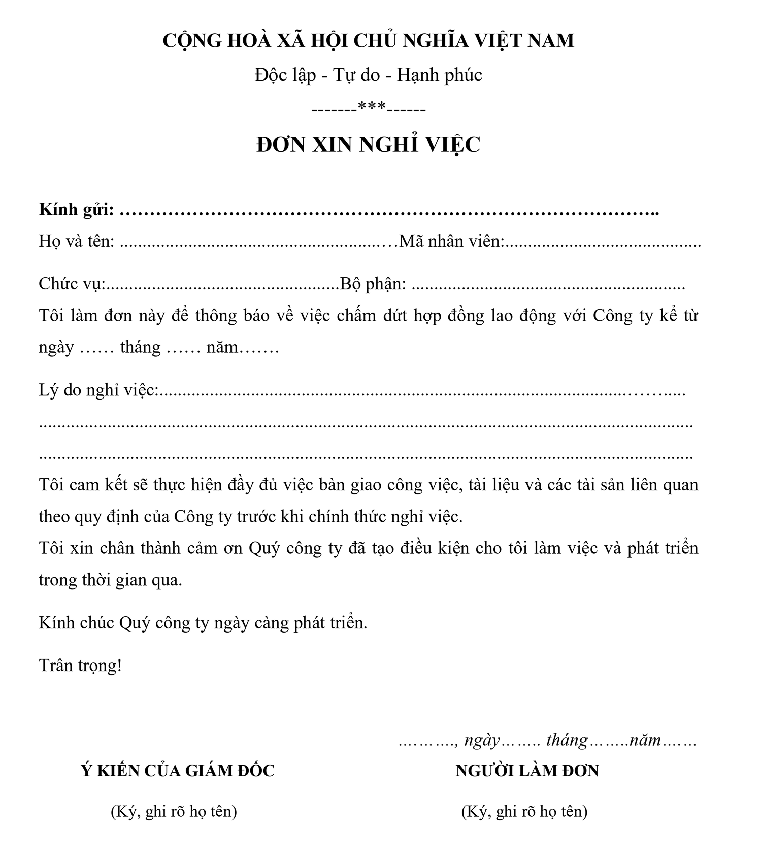 Mẫu đơn xin nghỉ việc công ty file word (doc, docx)