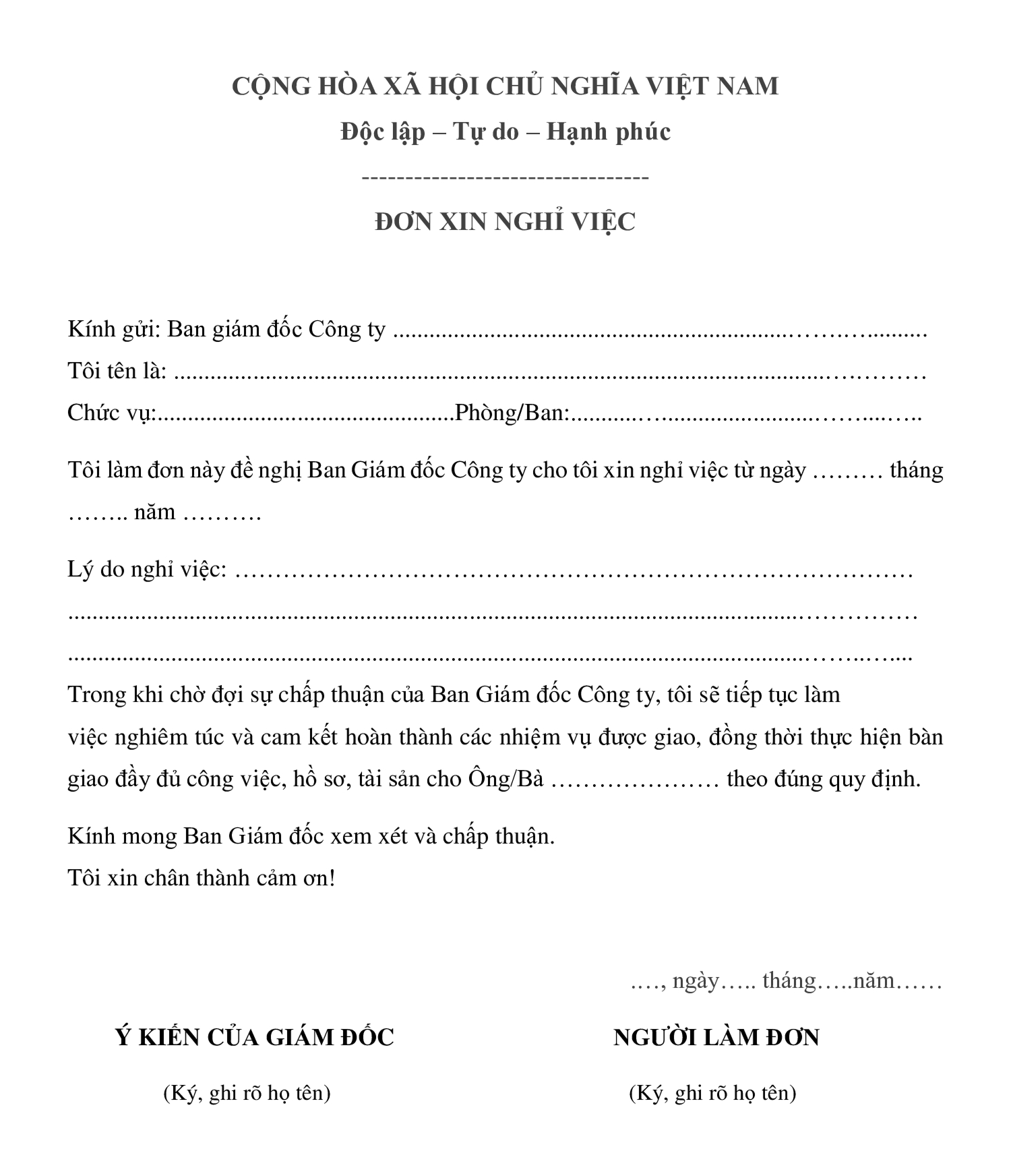 Mẫu đơn xin thôi việc của công nhân