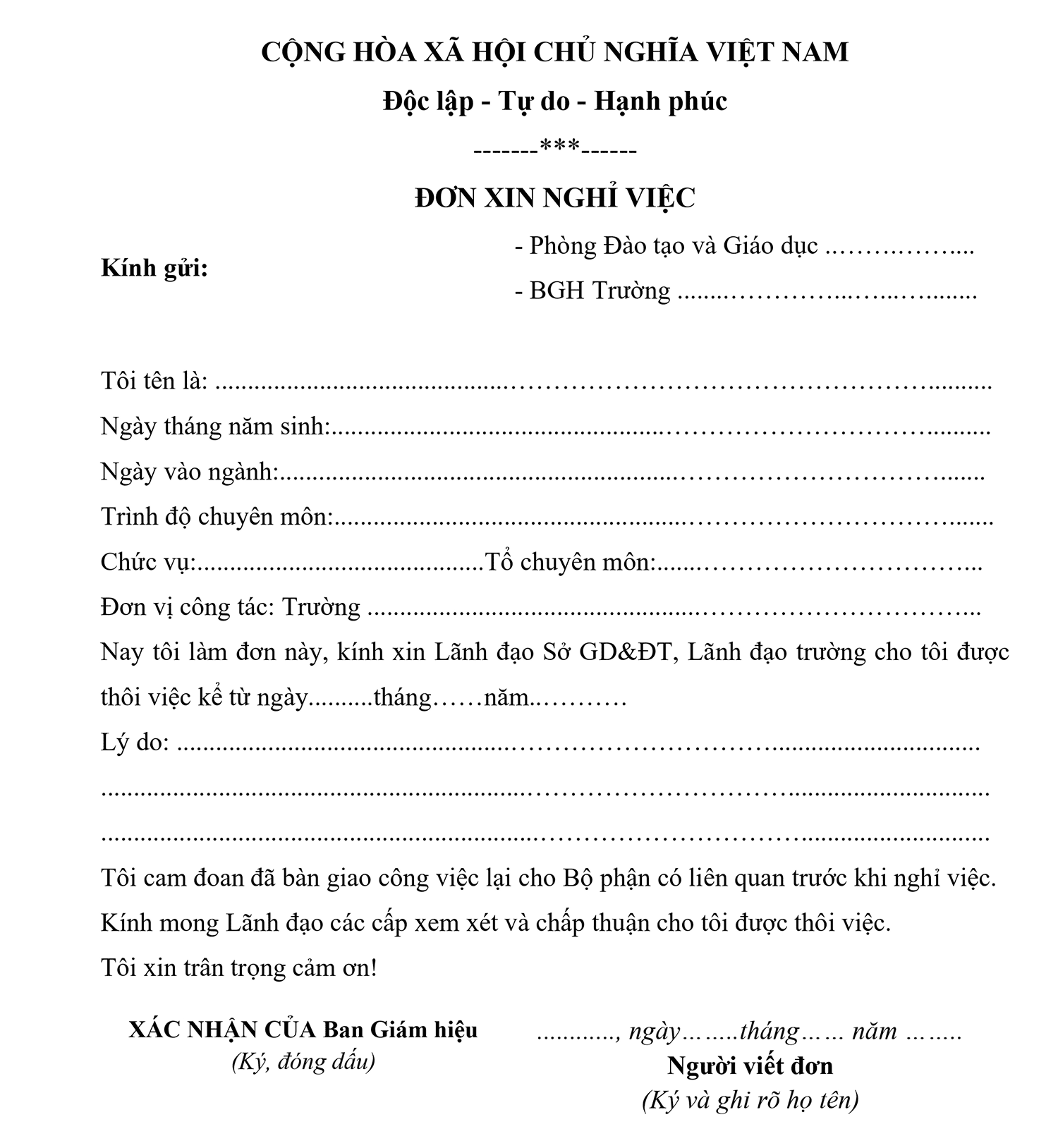 Mẫu đơn xin nghỉ việc Giáo viên file word (doc, docx)