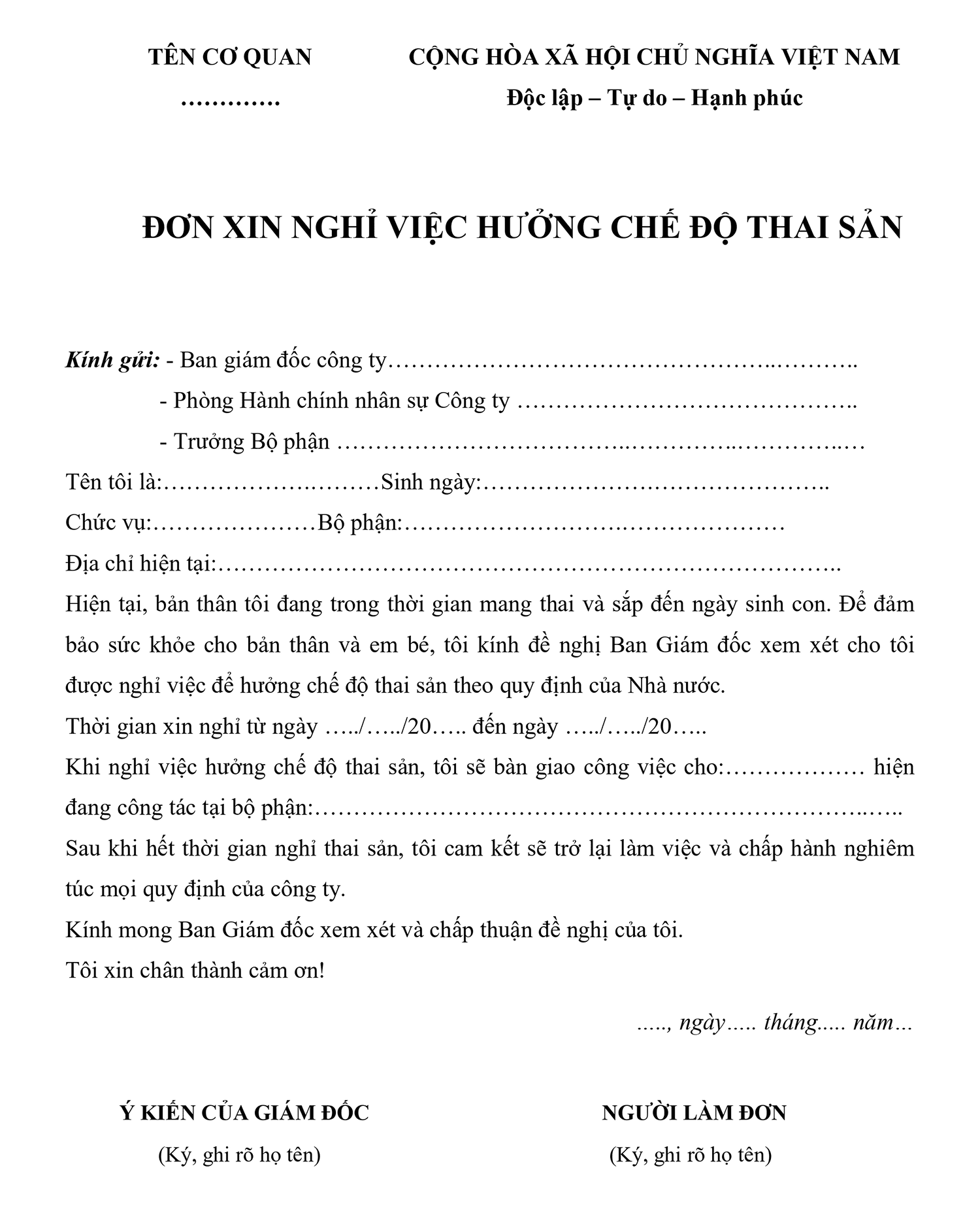 Mẫu đơn xin nghỉ việc hưởng chế độ thai sản