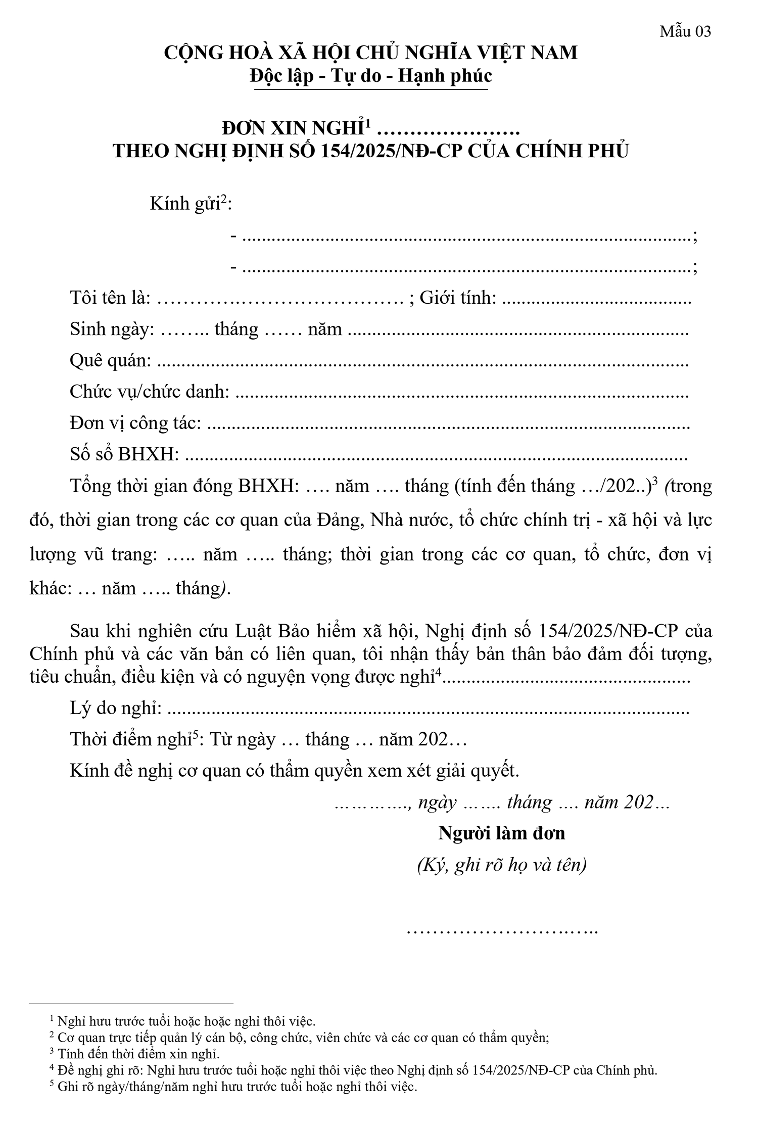 Mẫu đơn xin nghỉ việc theo Nghị định 154