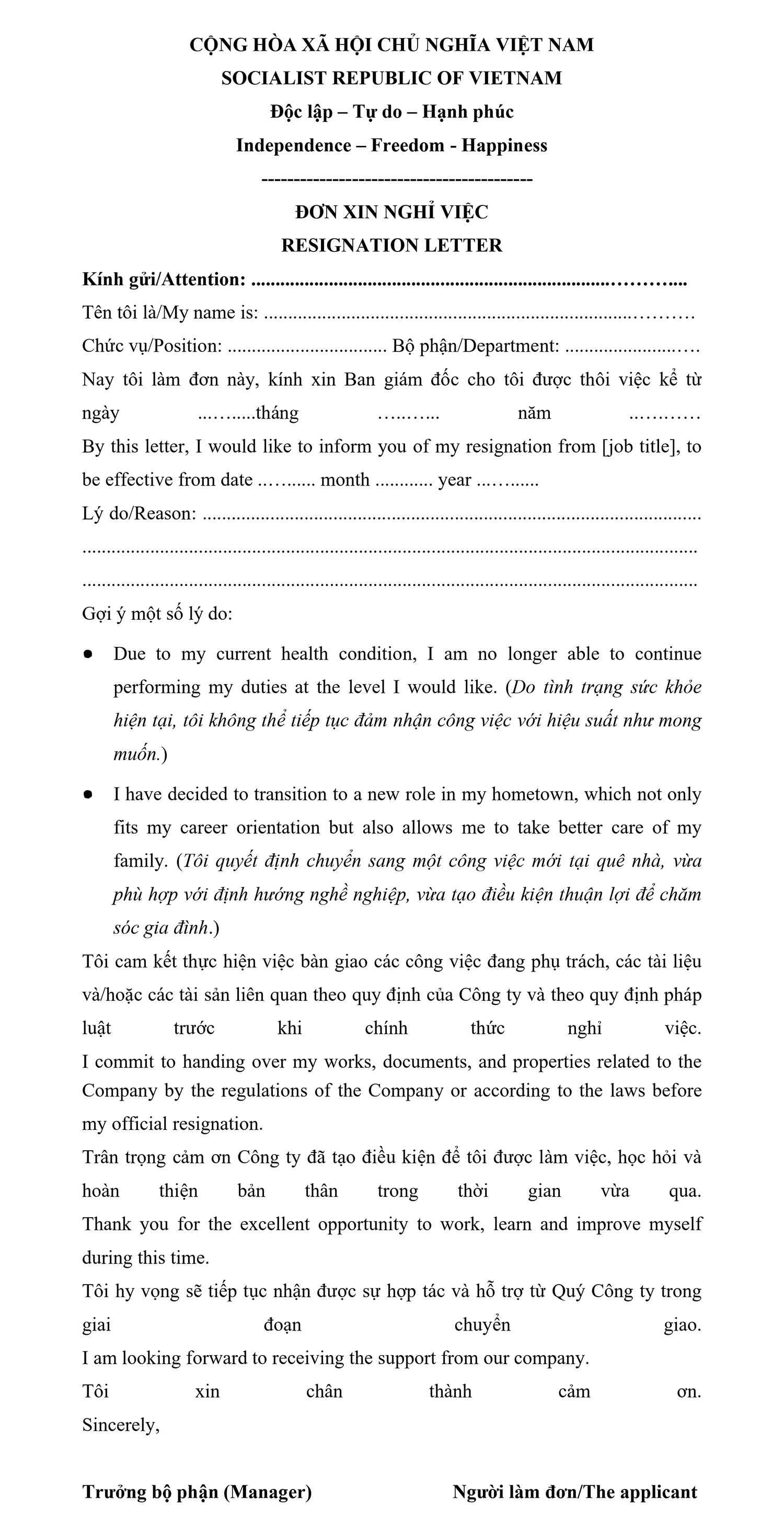 Mẫu đơn xin nghỉ việc tiếng Anh/song ngữ