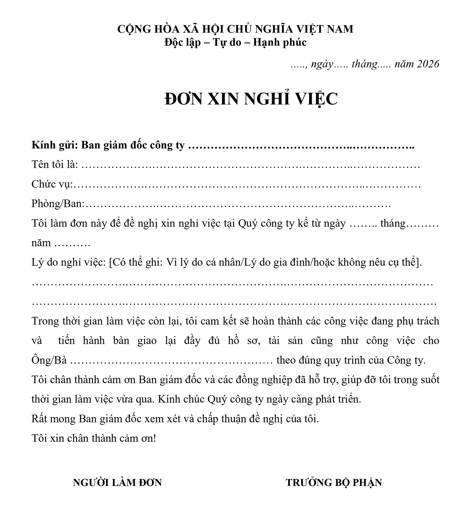 Mẫu đơn xin nghỉ việc vì lý do gia đình