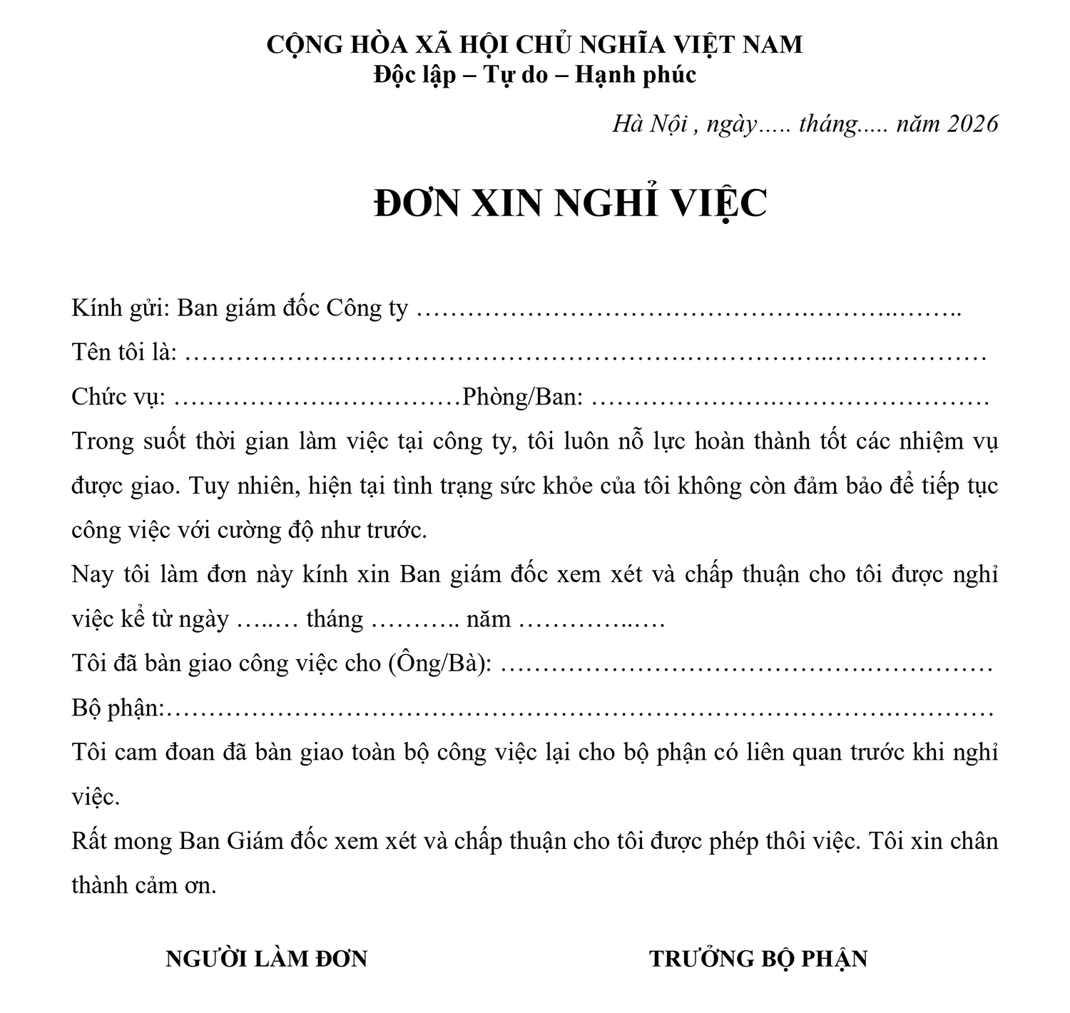 Mẫu đơn xin nghỉ việc vì lý do sức khỏe
