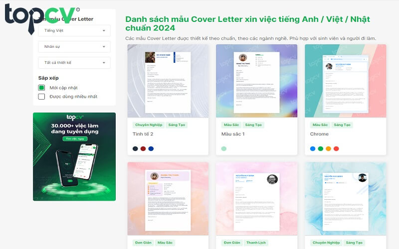 TopCV cung cấp đa dạng mẫu Cover Letter theo nhiều phong cách thiết kế