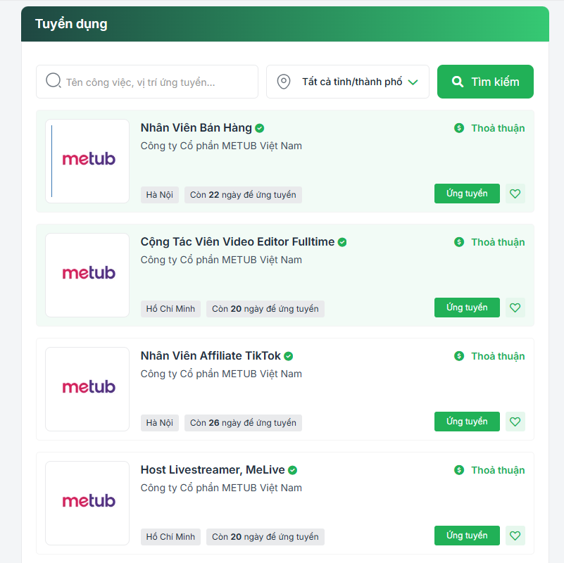Tin tuyển dụng của METUB Việt Nam trên TopCV