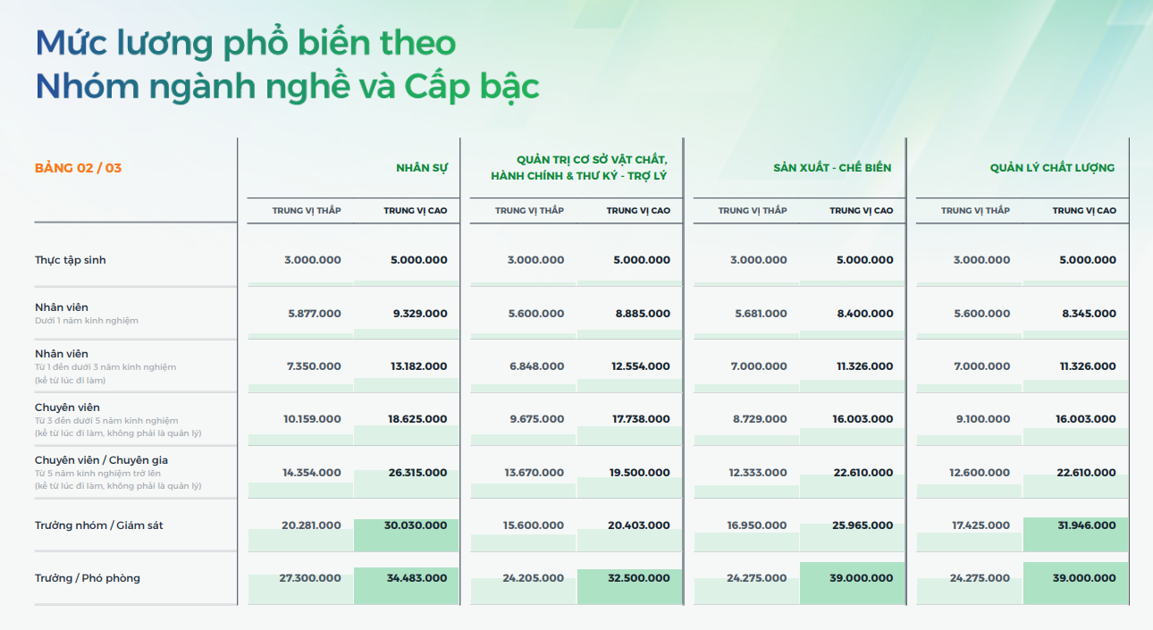 Mức lương phổ biến theo nhóm ngành nghề và cấp bậc (Báo cáo Thị trường Tuyển dụng 2025-2026 TopCV)