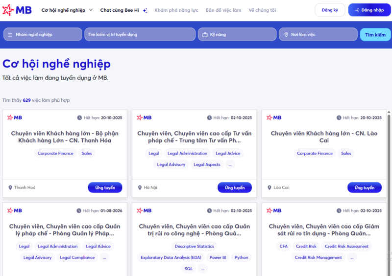 Ứng tuyển vào MB qua website tuyển dụng chính thức của ngân hàng