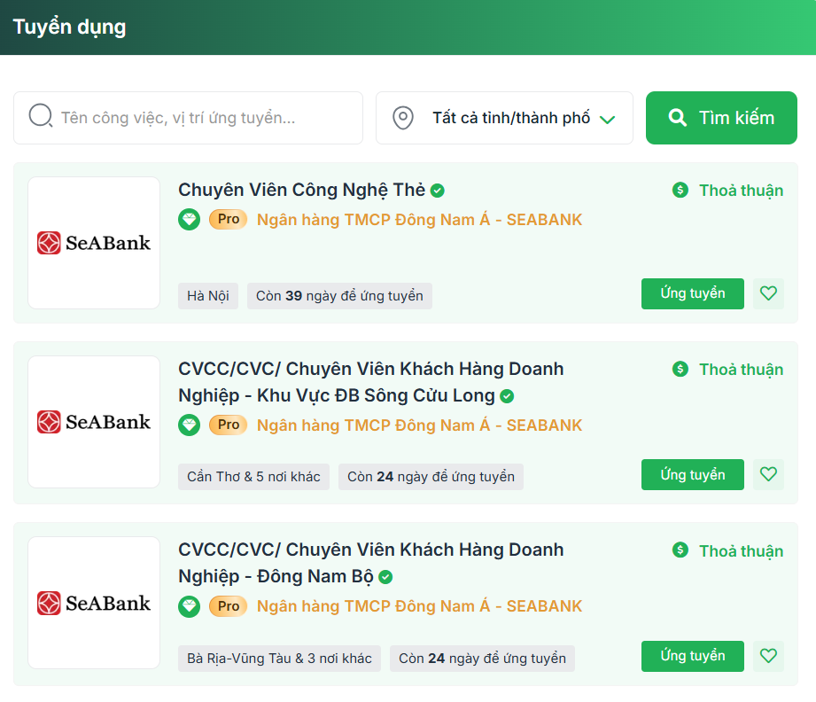 Các tin tuyển dụng của SeABank trên TopCV