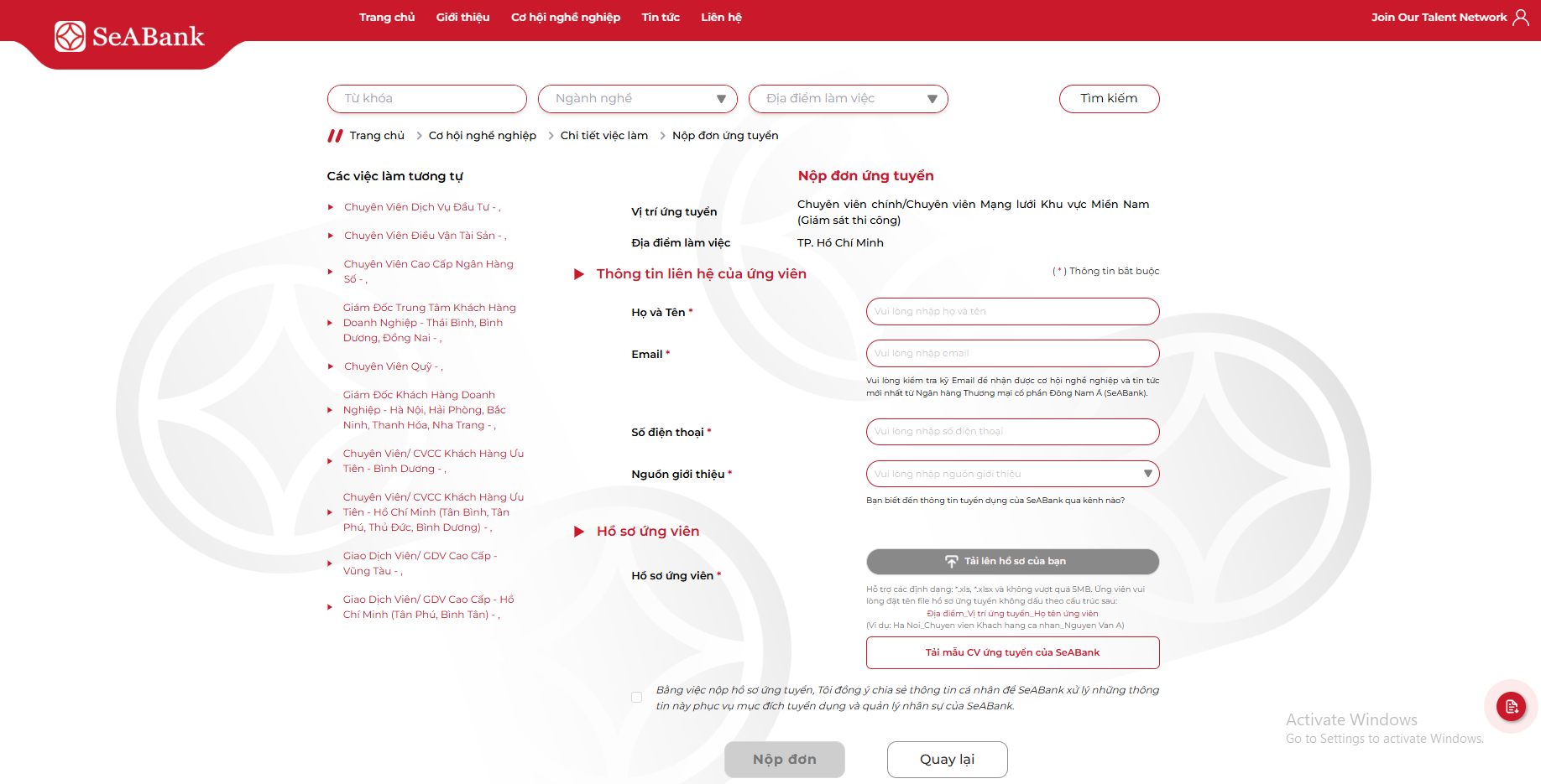 Ứng tuyển vào SeABank qua website chính thức của SeABank