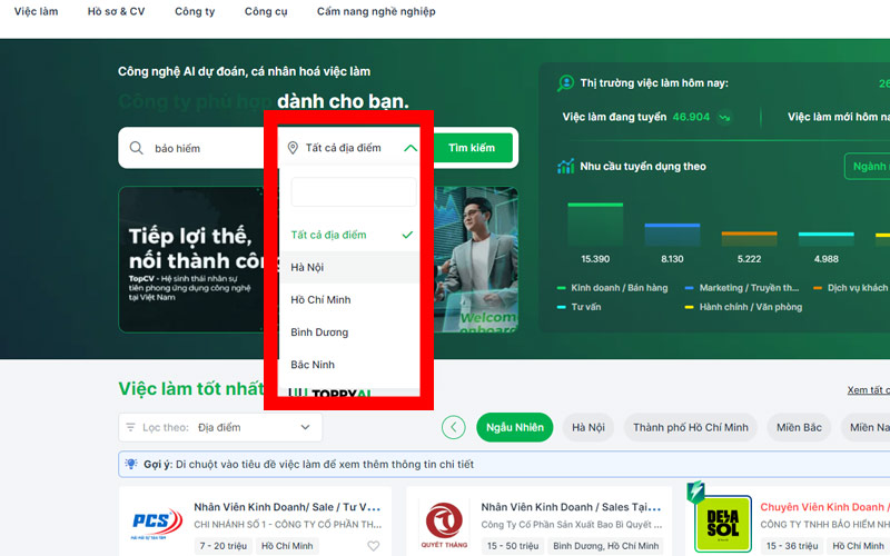 Chọn khu vực bạn muốn làm việc