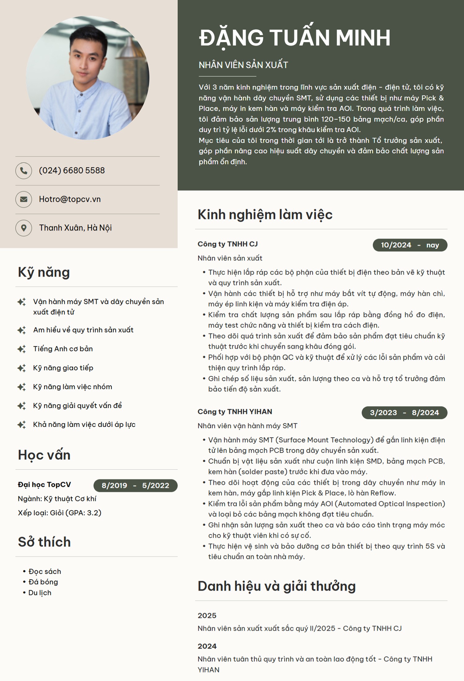 Mẫu CV Nhân viên sản xuất ấn tượng
