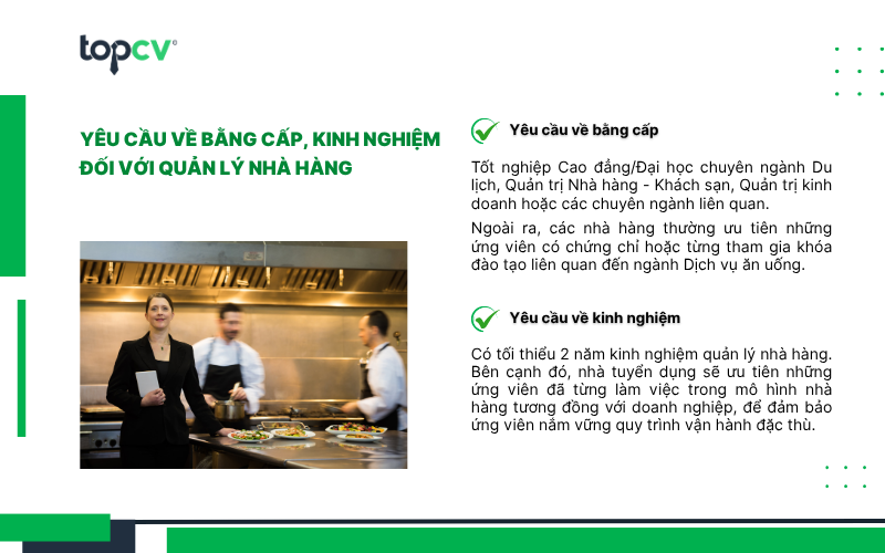 Yêu cầu về bằng cấp, kinh nghiệm đối với vị trí Quản lý nhà hàng