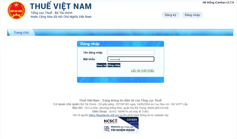 Điền thông tin tài khoản thuế