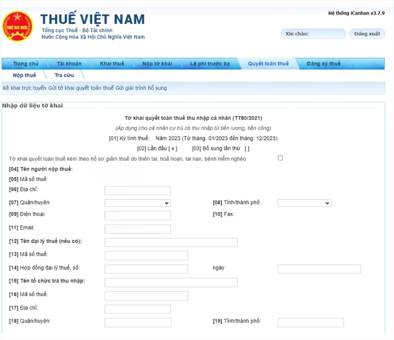 Thực hiện kê khai các thông tin nộp thuế trên tờ khai thuế theo mẫu