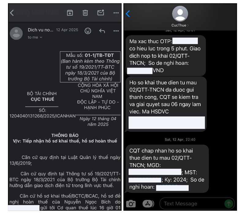 Tin nhắn và email xác nhận của cơ quan thuế