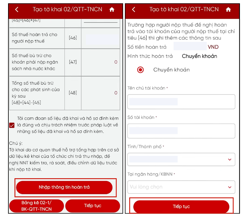 Điền thông tin hoàn trả để nhận tiền hoàn thuế