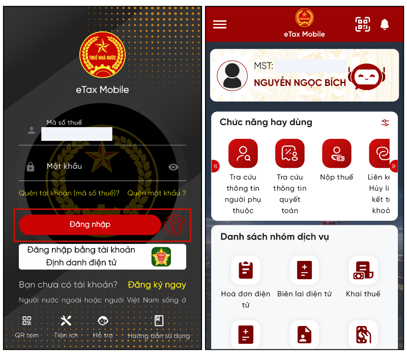 Đăng nhập vào tài khoản eTax Mobile mà người nộp thuế đã đăng ký